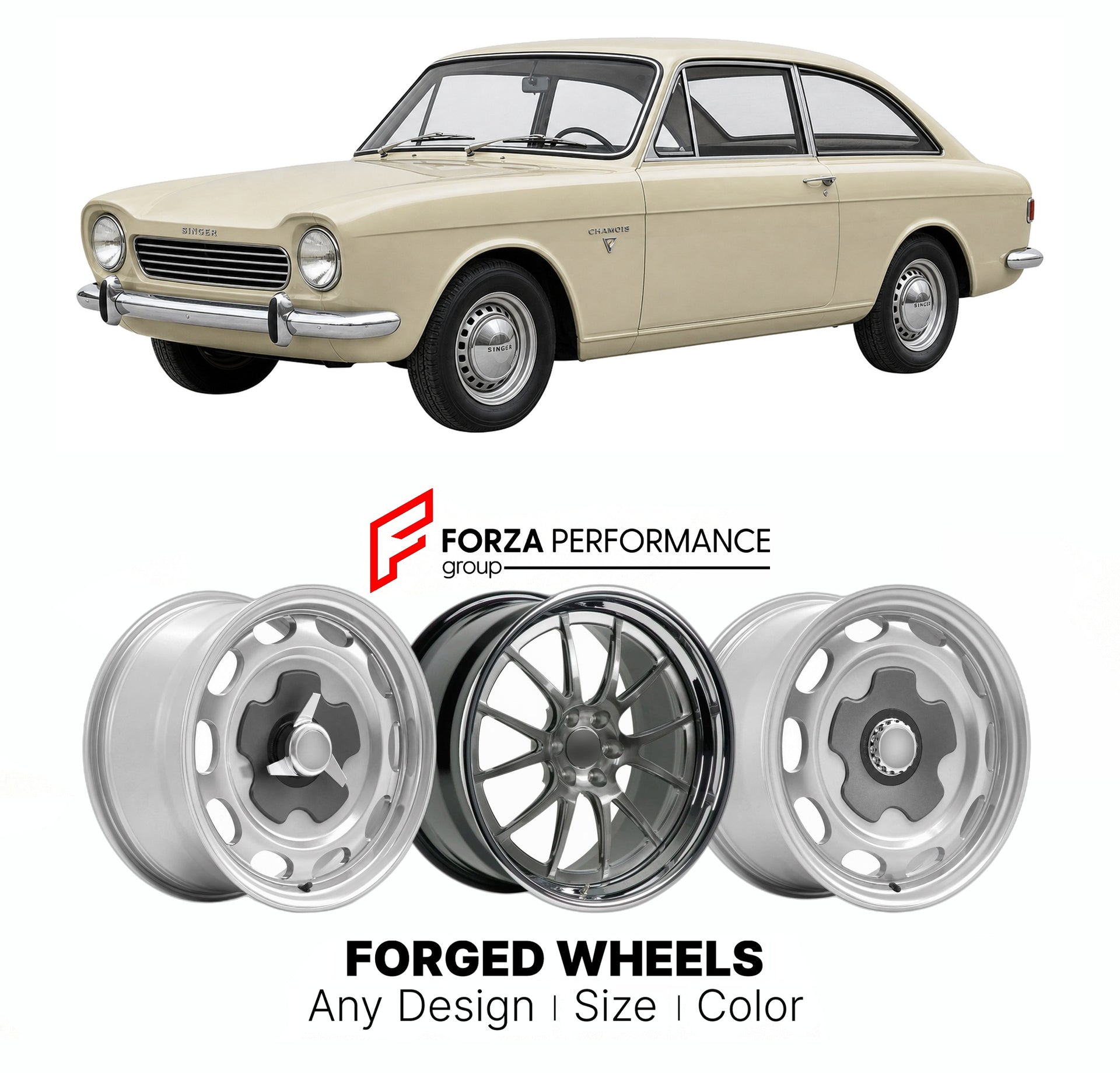 CUSTOM CLASSIC VINTAGE RESTOMOD RETRO OLD SCHOOL FORGED WHEELS RIMS for SINGER CHAMOIS 1964 - 1970

Custom forged wheels for Singer Chamois 1964 - 1970. Classic, vintage, restomod wheel designs made to order in custom sizes, offsets, colors and finishes.

We manufacture premium quality forged wheels rims for Singer Chamois 1964 - 1970 in any design, size, color.

THIS WHEEL DESIGN CAN BE CUSTOM-MADE FOR YOUR CAR IN ANY SIZE AND COLOR OPTIONS
Available in monoblock, 2-piece, 3-piece, duoblock, beadlock
3D wh