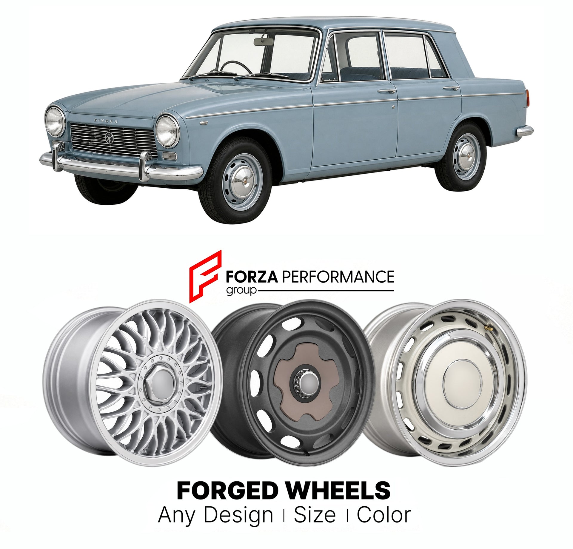 CUSTOM CLASSIC VINTAGE RESTOMOD RETRO OLD SCHOOL FORGED WHEELS RIMS for SINGER VOGUE SERIES I-IV 1961 - 1970

Custom forged wheels for Singer Vogue Series I-IV 1961 - 1970. Classic, vintage, restomod wheel designs made to order in custom sizes, offsets, colors and finishes.

We manufacture premium quality forged wheels rims for Singer Vogue Series I-IV 1961 - 1970 in any design, size, color.

THIS WHEEL DESIGN CAN BE CUSTOM-MADE FOR YOUR CAR IN ANY SIZE AND COLOR OPTIONS
Available in monoblock, 2-piece, 3-p