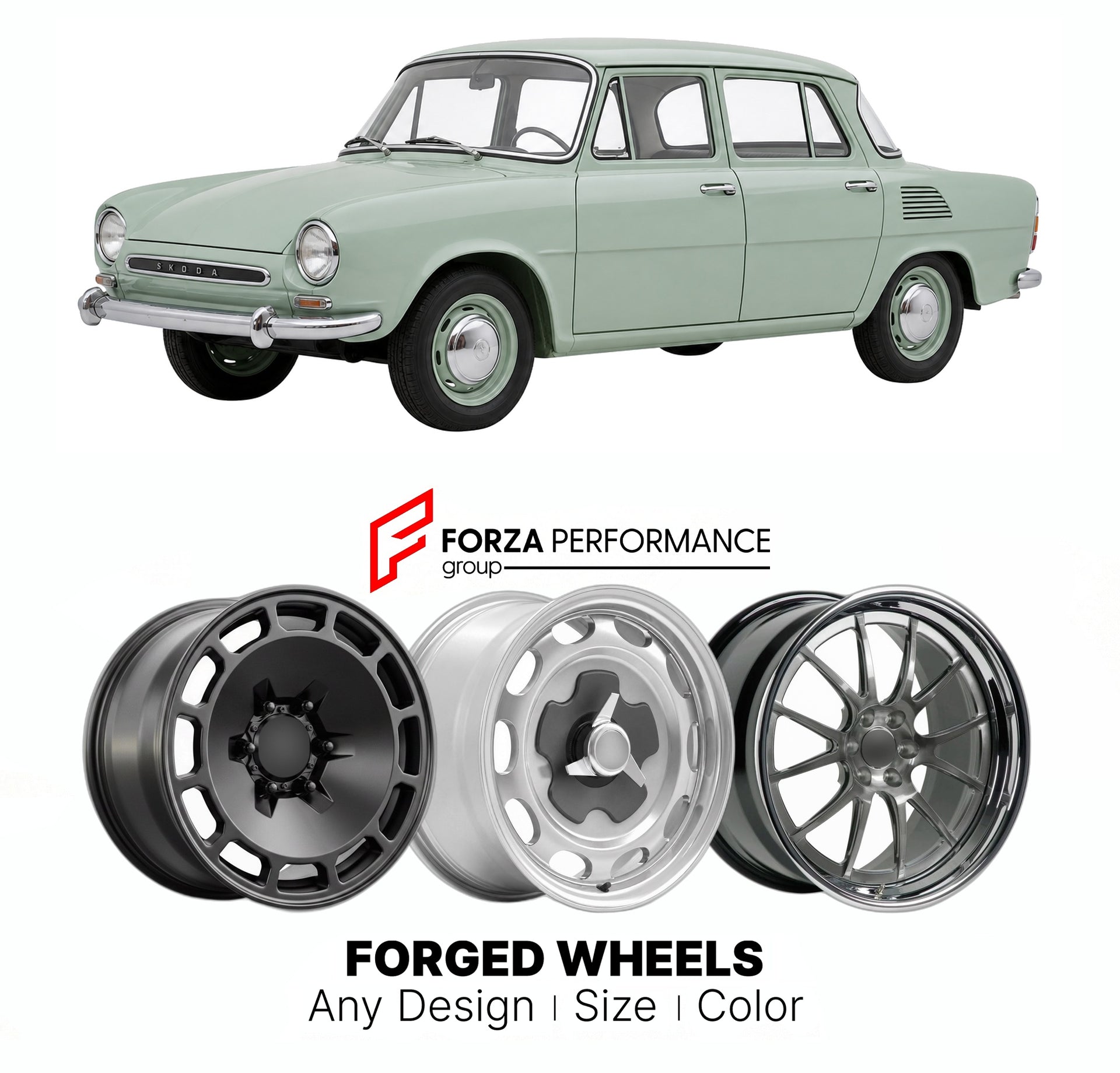CUSTOM CLASSIC VINTAGE RESTOMOD RETRO OLD SCHOOL FORGED WHEELS RIMS for SKODA 1000 MB 1964 - 1969

Custom forged wheels for Skoda 1000 MB 1964 - 1969. Classic, vintage, restomod wheel designs made to order in custom sizes, offsets, colors and finishes.

We manufacture premium quality forged wheels rims for Skoda 1000 MB 1964 - 1969 in any design, size, color.

THIS WHEEL DESIGN CAN BE CUSTOM-MADE FOR YOUR CAR IN ANY SIZE AND COLOR OPTIONS
Available in monoblock, 2-piece, 3-piece, duoblock, beadlock
3D wheel