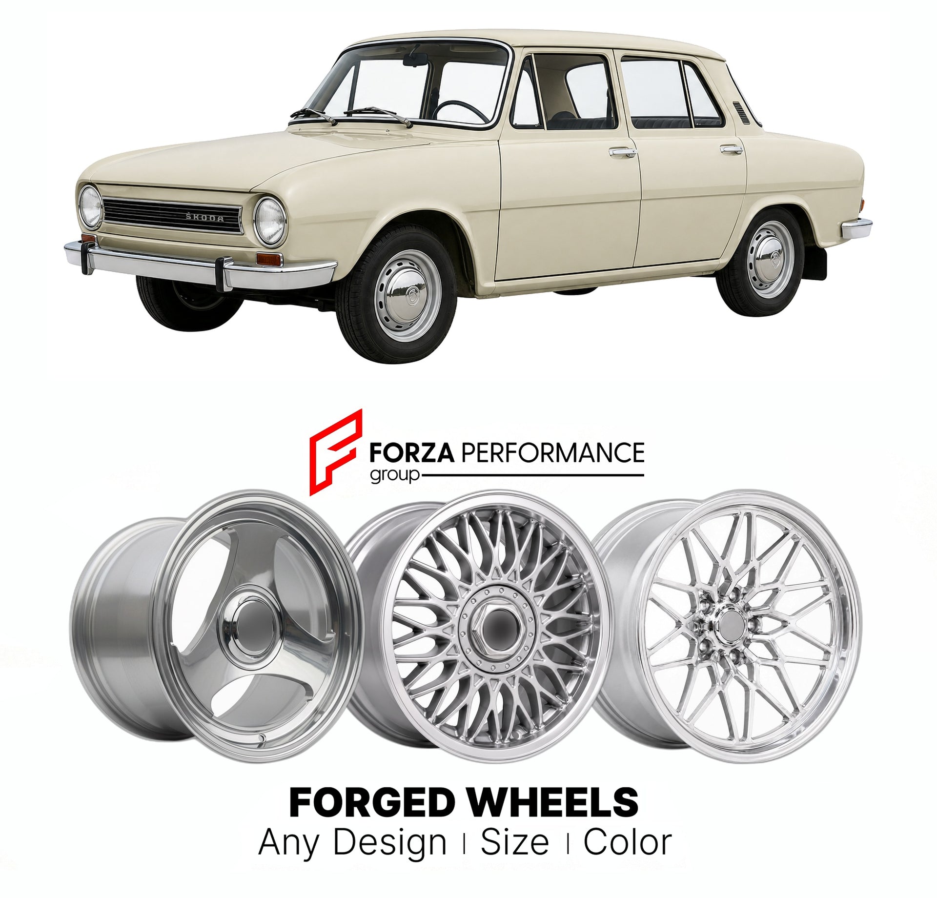 CUSTOM CLASSIC VINTAGE RESTOMOD RETRO OLD SCHOOL FORGED WHEELS RIMS for SKODA 100 110 1969 - 1977

Custom forged wheels for Skoda 100 110 1969 - 1977. Classic, vintage, restomod wheel designs made to order in custom sizes, offsets, colors and finishes.

We manufacture premium quality forged wheels rims for Skoda 100 110 1969 - 1977 in any design, size, color.

THIS WHEEL DESIGN CAN BE CUSTOM-MADE FOR YOUR CAR IN ANY SIZE AND COLOR OPTIONS
Available in monoblock, 2-piece, 3-piece, duoblock, beadlock
3D wheel