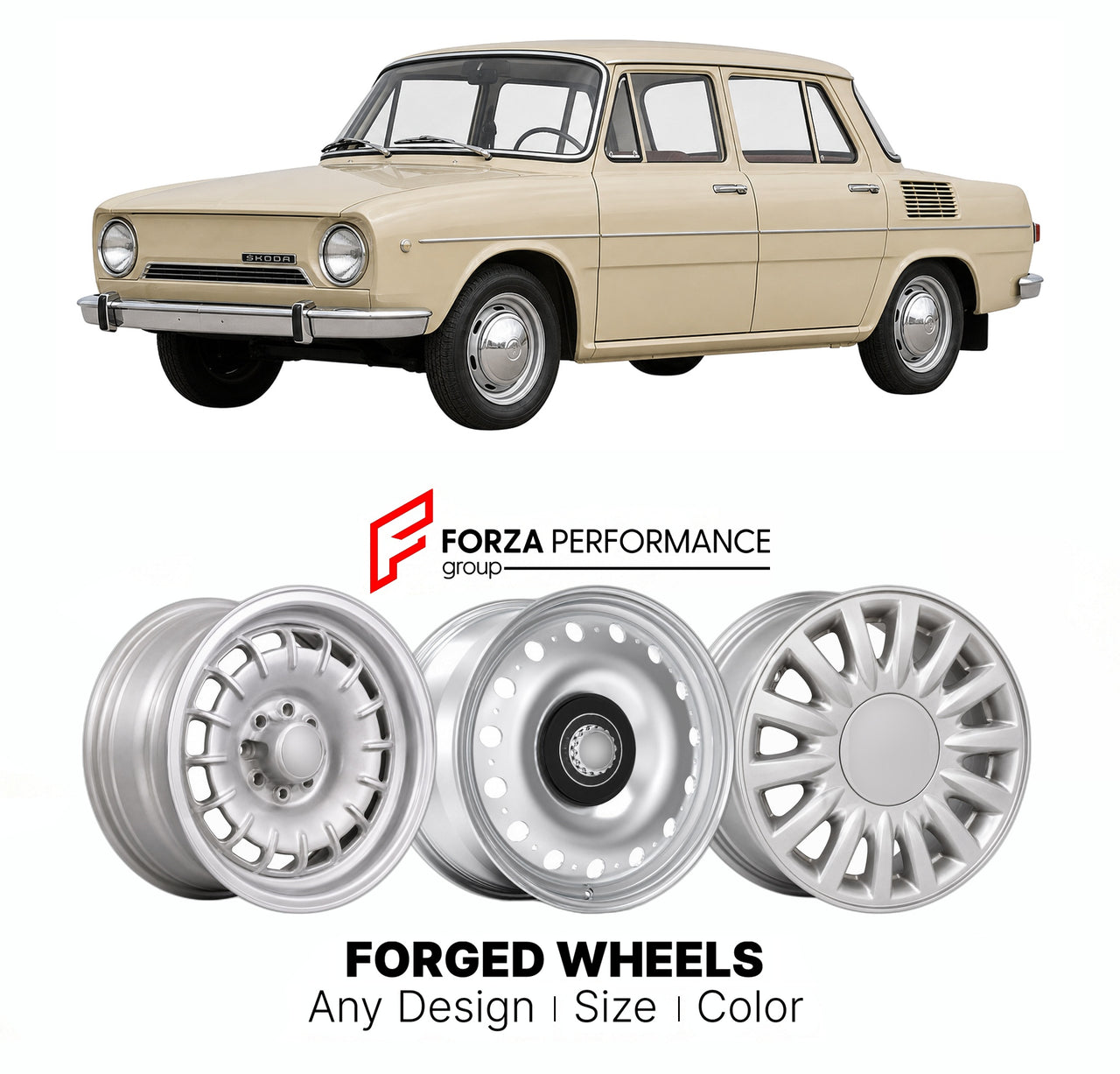 CUSTOM CLASSIC VINTAGE RESTOMOD RETRO OLD SCHOOL FORGED WHEELS RIMS for SKODA 100 110 TYPE 722 1969 - 1977

Custom forged wheels for Skoda 100 110 Type 722 1969 - 1977. Classic, vintage, restomod wheel designs made to order in custom sizes, offsets, colors and finishes.

We manufacture premium quality forged wheels rims for Skoda 100 110 Type 722 1969 - 1977 in any design, size, color.

THIS WHEEL DESIGN CAN BE CUSTOM-MADE FOR YOUR CAR IN ANY SIZE AND COLOR OPTIONS
Available in monoblock, 2-piece, 3-piece, 