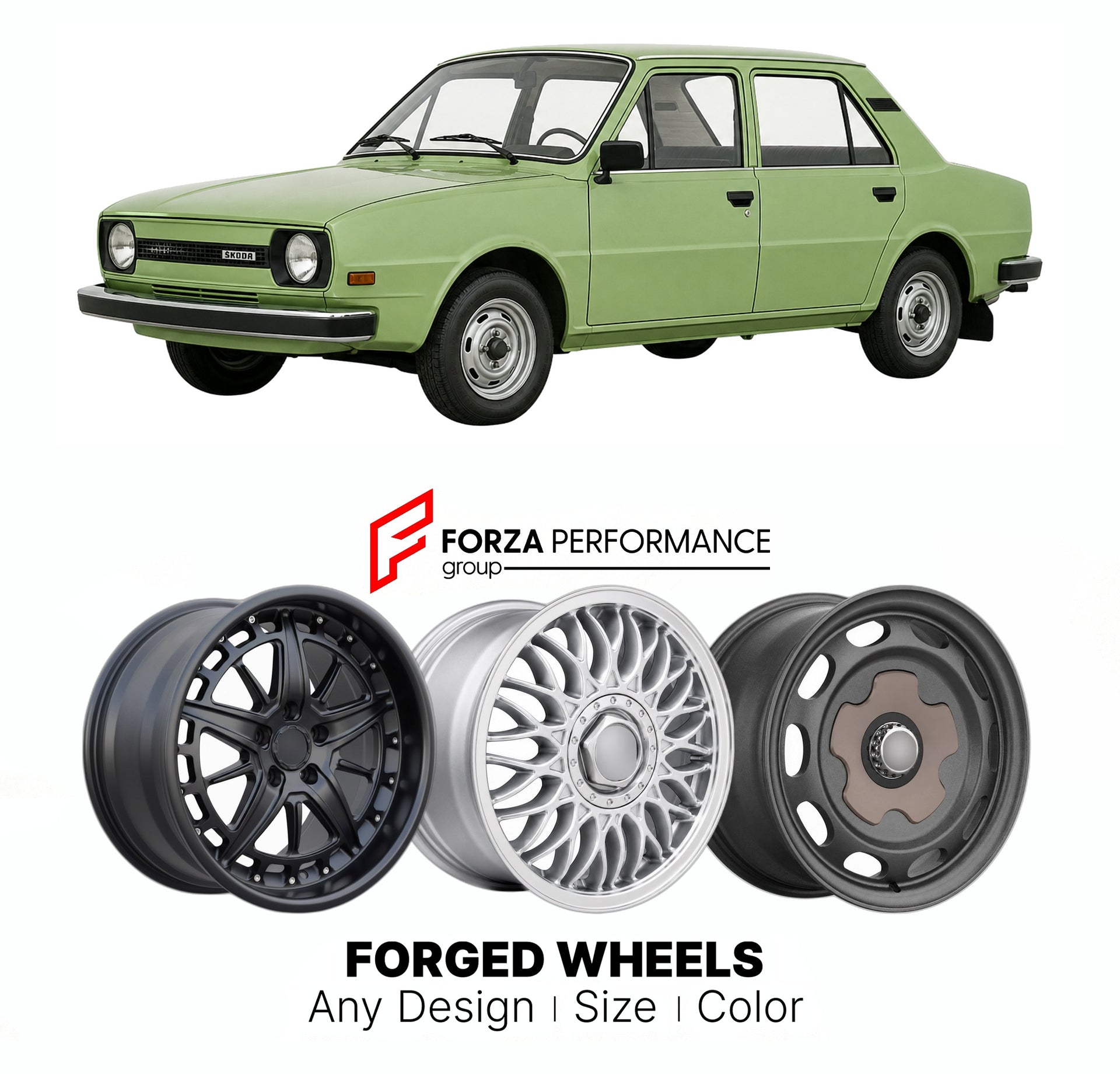 CUSTOM CLASSIC VINTAGE RESTOMOD RETRO OLD SCHOOL FORGED WHEELS RIMS for SKODA 105 120 125 1976 - 1990

Custom forged wheels for Skoda 105 120 125 1976 - 1990. Classic, vintage, restomod wheel designs made to order in custom sizes, offsets, colors and finishes.

We manufacture premium quality forged wheels rims for Skoda 105 120 125 1976 - 1990 in any design, size, color.

THIS WHEEL DESIGN CAN BE CUSTOM-MADE FOR YOUR CAR IN ANY SIZE AND COLOR OPTIONS
Available in monoblock, 2-piece, 3-piece, duoblock, beadl