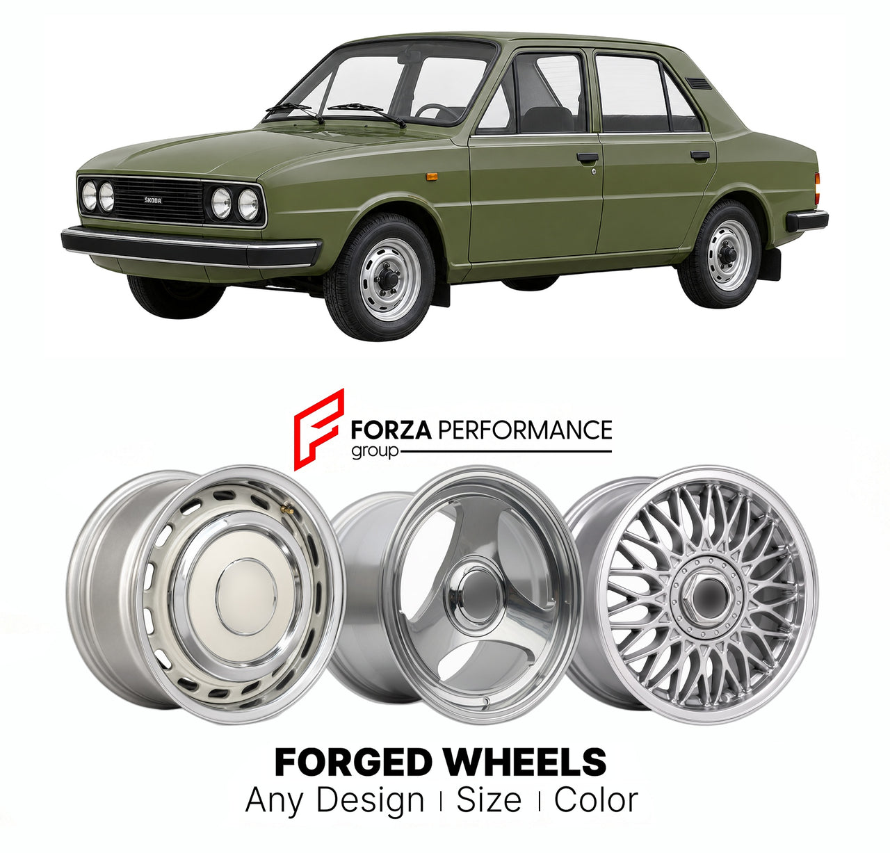 CUSTOM CLASSIC VINTAGE RESTOMOD RETRO OLD SCHOOL FORGED WHEELS RIMS for SKODA 105 120 125 TYPE 742 1976 - 1990

Custom forged wheels for Skoda 105 120 125 Type 742 1976 - 1990. Classic, vintage, restomod wheel designs made to order in custom sizes, offsets, colors and finishes.

We manufacture premium quality forged wheels rims for Skoda 105 120 125 Type 742 1976 - 1990 in any design, size, color.

THIS WHEEL DESIGN CAN BE CUSTOM-MADE FOR YOUR CAR IN ANY SIZE AND COLOR OPTIONS
Available in monoblock, 2-piec