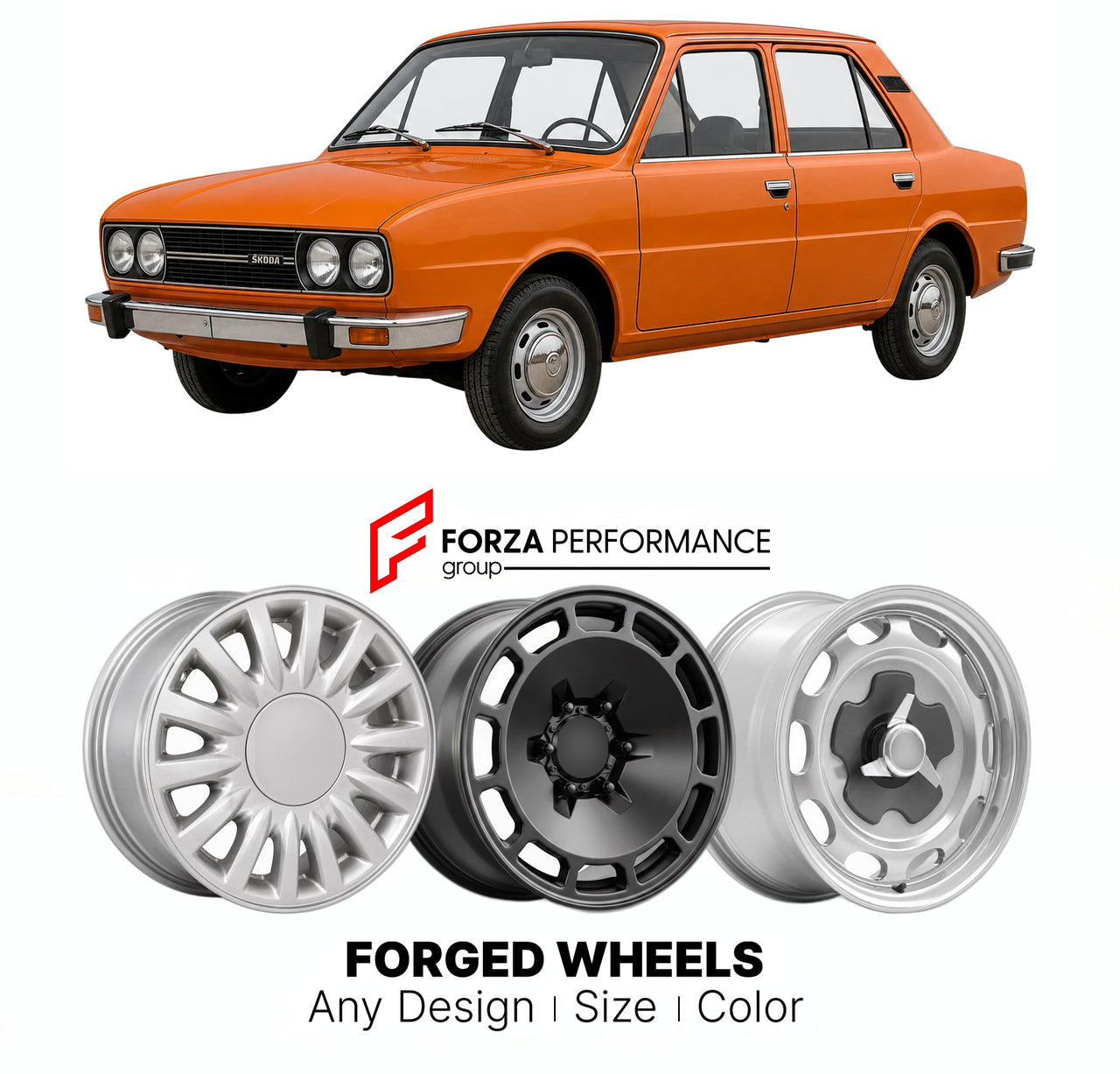 CUSTOM CLASSIC VINTAGE RESTOMOD RETRO OLD SCHOOL FORGED WHEELS RIMS for SKODA 105 120 130 TYPE 742 1976 - 1990

Custom forged wheels for Skoda 105 120 130 Type 742 1976 - 1990. Classic, vintage, restomod wheel designs made to order in custom sizes, offsets, colors and finishes.

We manufacture premium quality forged wheels rims for Skoda 105 120 130 Type 742 1976 - 1990 in any design, size, color.

THIS WHEEL DESIGN CAN BE CUSTOM-MADE FOR YOUR CAR IN ANY SIZE AND COLOR OPTIONS
Available in monoblock, 2-piec