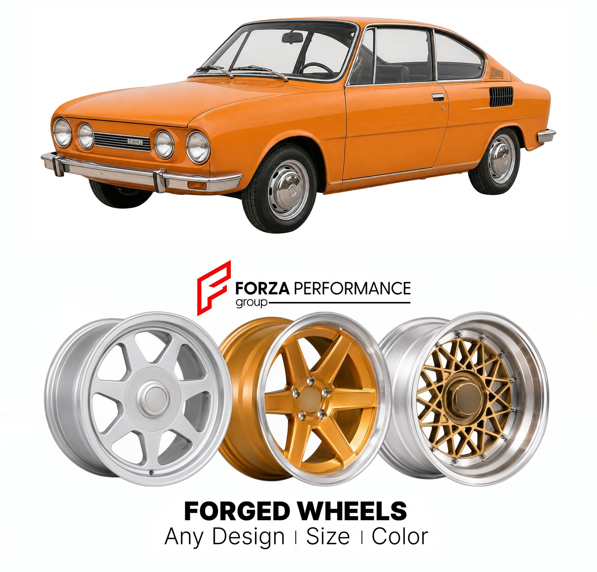 CUSTOM CLASSIC VINTAGE RESTOMOD RETRO OLD SCHOOL FORGED WHEELS RIMS for SKODA 110 R COUPE 1970 - 1980

Custom forged wheels for Skoda 110 R Coupe 1970 - 1980. Classic, vintage, restomod wheel designs made to order in custom sizes, offsets, colors and finishes.

We manufacture premium quality forged wheels rims for Skoda 110 R Coupe 1970 - 1980 in any design, size, color.

THIS WHEEL DESIGN CAN BE CUSTOM-MADE FOR YOUR CAR IN ANY SIZE AND COLOR OPTIONS
Available in monoblock, 2-piece, 3-piece, duoblock, beadl
