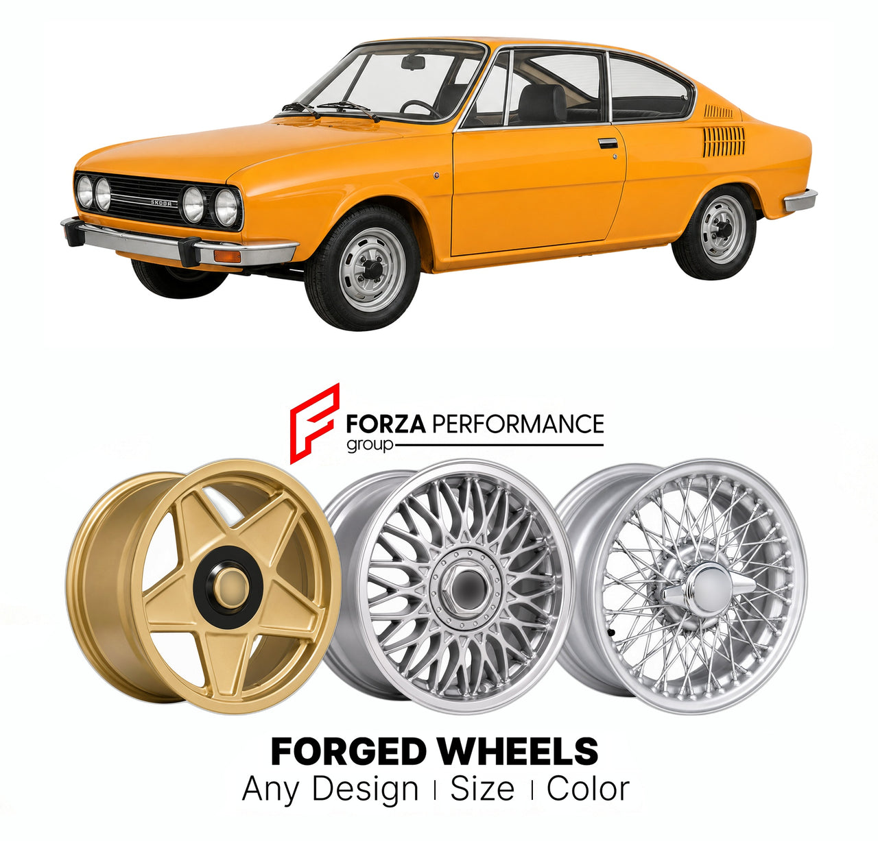 CUSTOM CLASSIC VINTAGE RESTOMOD RETRO OLD SCHOOL FORGED WHEELS RIMS for SKODA 110 R TYPE 718K 1970 - 1980

Custom forged wheels for Skoda 110 R Type 718K 1970 - 1980. Classic, vintage, restomod wheel designs made to order in custom sizes, offsets, colors and finishes.

We manufacture premium quality forged wheels rims for Skoda 110 R Type 718K 1970 - 1980 in any design, size, color.

THIS WHEEL DESIGN CAN BE CUSTOM-MADE FOR YOUR CAR IN ANY SIZE AND COLOR OPTIONS
Available in monoblock, 2-piece, 3-piece, duo