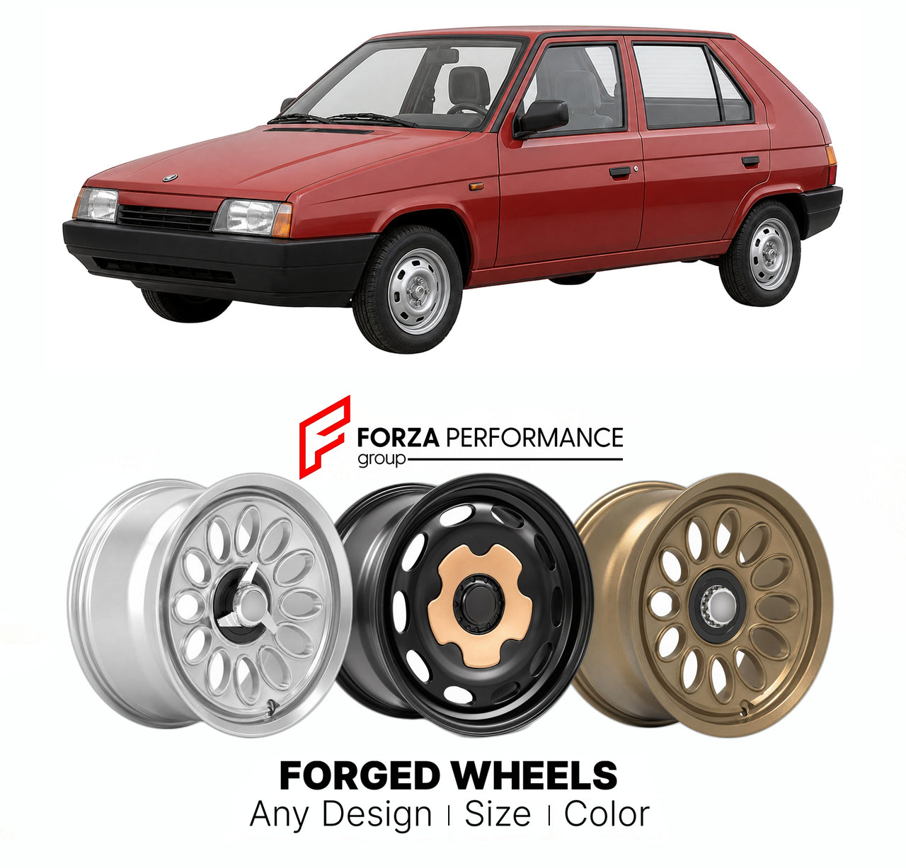 CUSTOM CLASSIC VINTAGE RESTOMOD RETRO OLD SCHOOL FORGED WHEELS RIMS for SKODA FAVORIT 1987 - 1995

Custom forged wheels for Skoda Favorit 1987 - 1995. Classic, vintage, restomod wheel designs made to order in custom sizes, offsets, colors and finishes.

We manufacture premium quality forged wheels rims for Skoda Favorit 1987 - 1995 in any design, size, color.

THIS WHEEL DESIGN CAN BE CUSTOM-MADE FOR YOUR CAR IN ANY SIZE AND COLOR OPTIONS
Available in monoblock, 2-piece, 3-piece, duoblock, beadlock
3D wheel