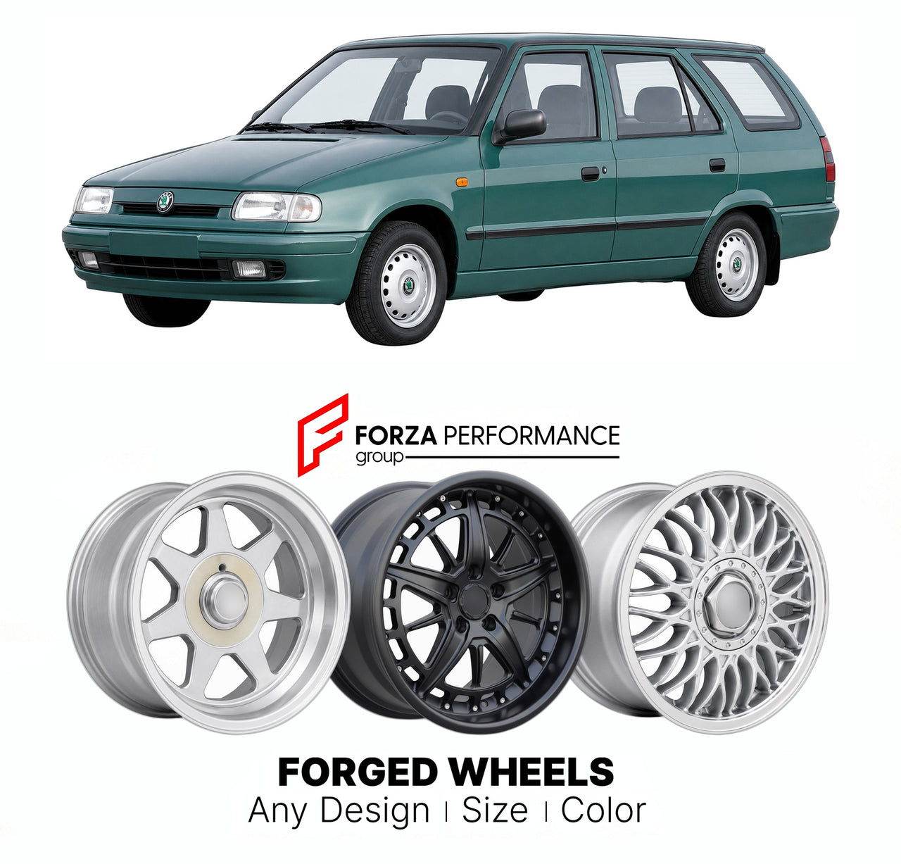 CUSTOM CLASSIC VINTAGE RESTOMOD RETRO OLD SCHOOL FORGED WHEELS RIMS for SKODA FELICIA COMBI 1995 - 2001

Custom forged wheels for Skoda Felicia Combi 1995 - 2001. Classic, vintage, restomod wheel designs made to order in custom sizes, offsets, colors and finishes.

We manufacture premium quality forged wheels rims for Skoda Felicia Combi 1995 - 2001 in any design, size, color.

THIS WHEEL DESIGN CAN BE CUSTOM-MADE FOR YOUR CAR IN ANY SIZE AND COLOR OPTIONS
Available in monoblock, 2-piece, 3-piece, duoblock,