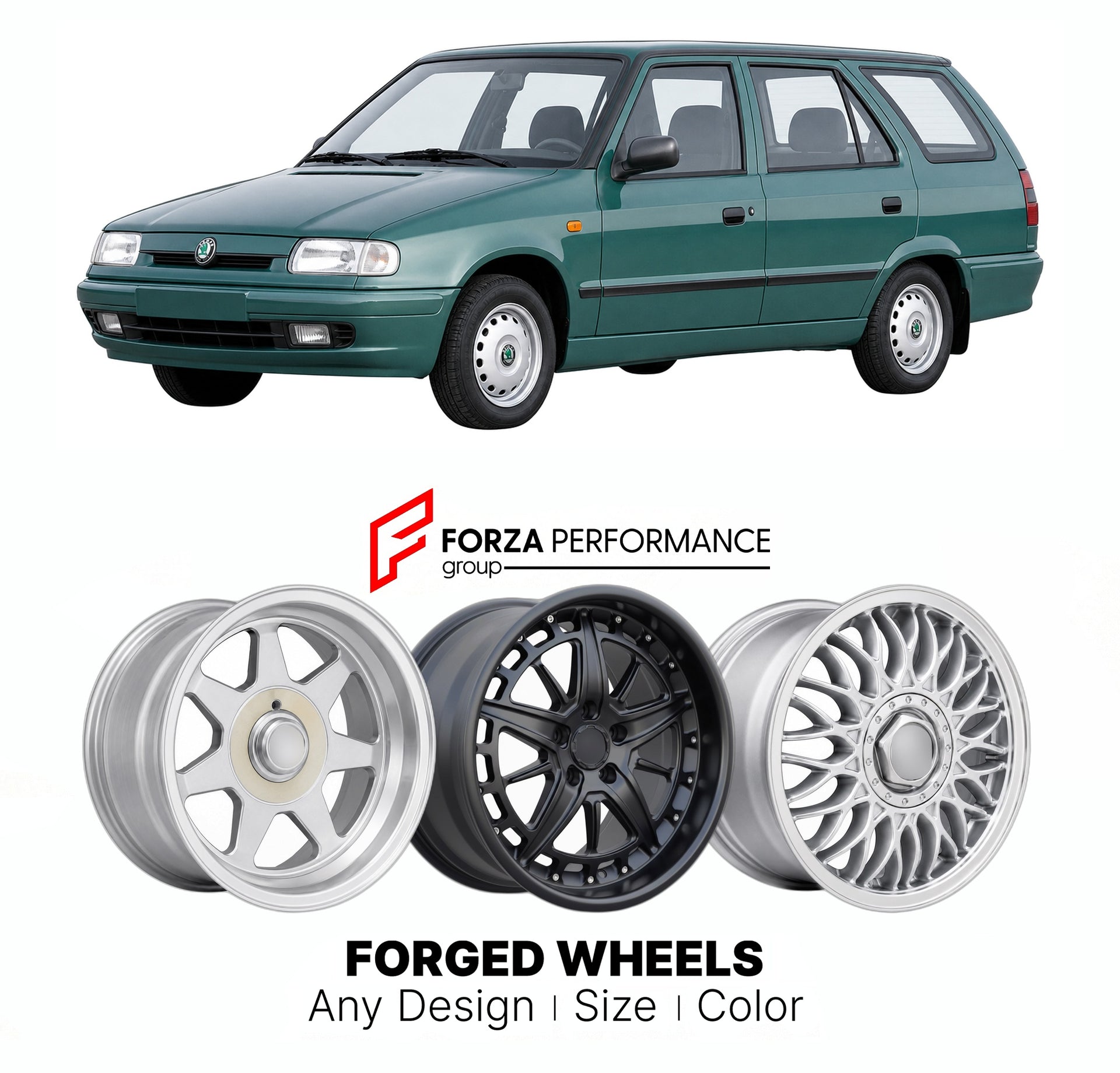 CUSTOM CLASSIC VINTAGE RESTOMOD RETRO OLD SCHOOL FORGED WHEELS RIMS for SKODA FELICIA COMBI 1995 - 2001

Custom forged wheels for Skoda Felicia Combi 1995 - 2001. Classic, vintage, restomod wheel designs made to order in custom sizes, offsets, colors and finishes.

We manufacture premium quality forged wheels rims for Skoda Felicia Combi 1995 - 2001 in any design, size, color.

THIS WHEEL DESIGN CAN BE CUSTOM-MADE FOR YOUR CAR IN ANY SIZE AND COLOR OPTIONS
Available in monoblock, 2-piece, 3-piece, duoblock,