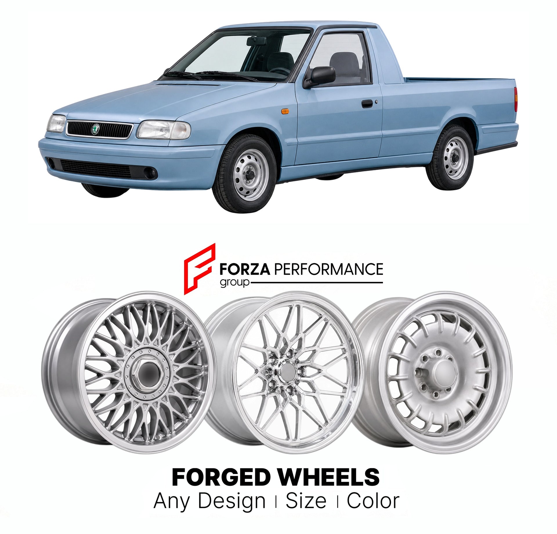 CUSTOM CLASSIC VINTAGE RESTOMOD RETRO OLD SCHOOL FORGED WHEELS RIMS for SKODA FELICIA PICKUP 1995 - 2001

Custom forged wheels for Skoda Felicia Pickup 1995 - 2001. Classic, vintage, restomod wheel designs made to order in custom sizes, offsets, colors and finishes.

We manufacture premium quality forged wheels rims for Skoda Felicia Pickup 1995 - 2001 in any design, size, color.

THIS WHEEL DESIGN CAN BE CUSTOM-MADE FOR YOUR CAR IN ANY SIZE AND COLOR OPTIONS
Available in monoblock, 2-piece, 3-piece, duoblo
