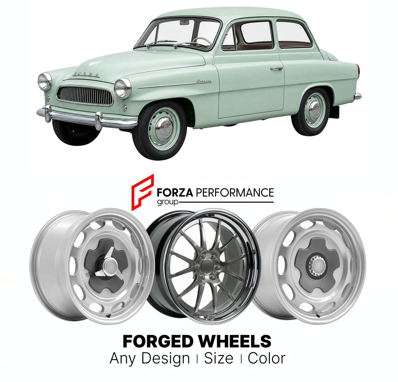 CUSTOM CLASSIC VINTAGE RESTOMOD RETRO OLD SCHOOL FORGED WHEELS RIMS for SKODA OCTAVIA 1959 - 1971

Custom forged wheels for Skoda Octavia 1959 - 1971. Classic, vintage, restomod wheel designs made to order in custom sizes, offsets, colors and finishes.

We manufacture premium quality forged wheels rims for Skoda Octavia 1959 - 1971 in any design, size, color.

THIS WHEEL DESIGN CAN BE CUSTOM-MADE FOR YOUR CAR IN ANY SIZE AND COLOR OPTIONS
Available in monoblock, 2-piece, 3-piece, duoblock, beadlock
3D wheel