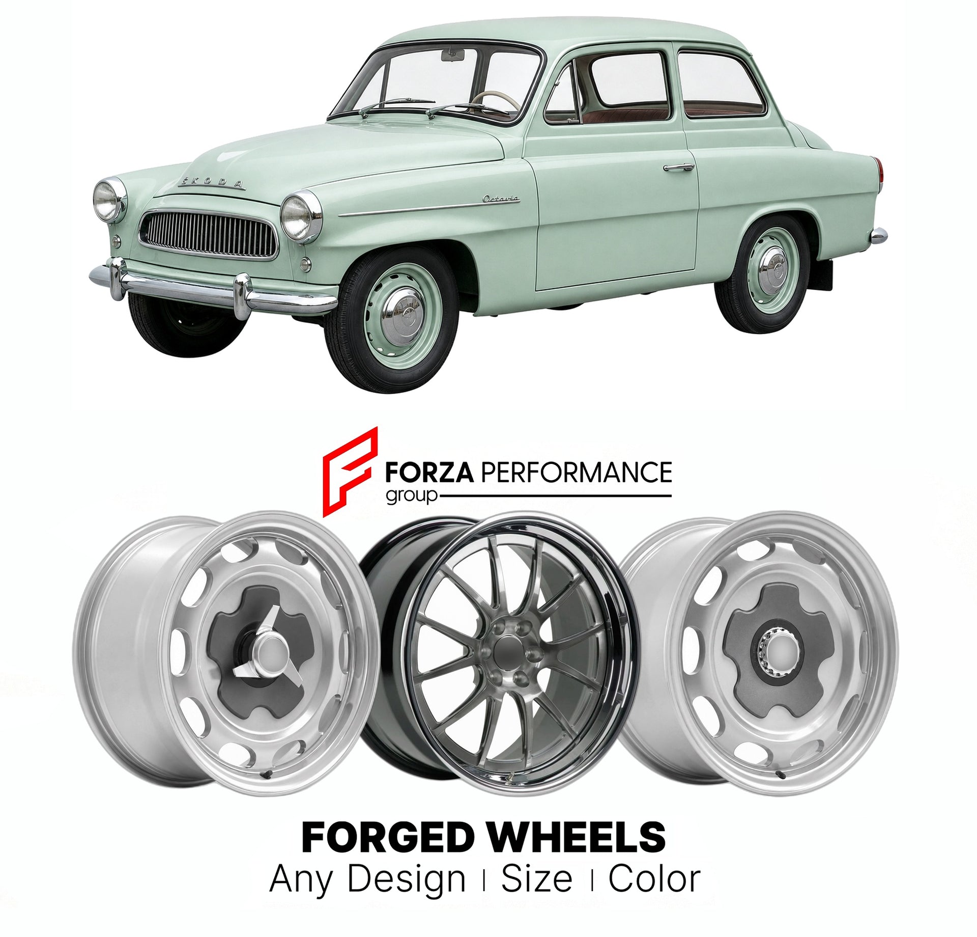 CUSTOM CLASSIC VINTAGE RESTOMOD RETRO OLD SCHOOL FORGED WHEELS RIMS for SKODA OCTAVIA 1959 - 1971

Custom forged wheels for Skoda Octavia 1959 - 1971. Classic, vintage, restomod wheel designs made to order in custom sizes, offsets, colors and finishes.

We manufacture premium quality forged wheels rims for Skoda Octavia 1959 - 1971 in any design, size, color.

THIS WHEEL DESIGN CAN BE CUSTOM-MADE FOR YOUR CAR IN ANY SIZE AND COLOR OPTIONS
Available in monoblock, 2-piece, 3-piece, duoblock, beadlock
3D wheel
