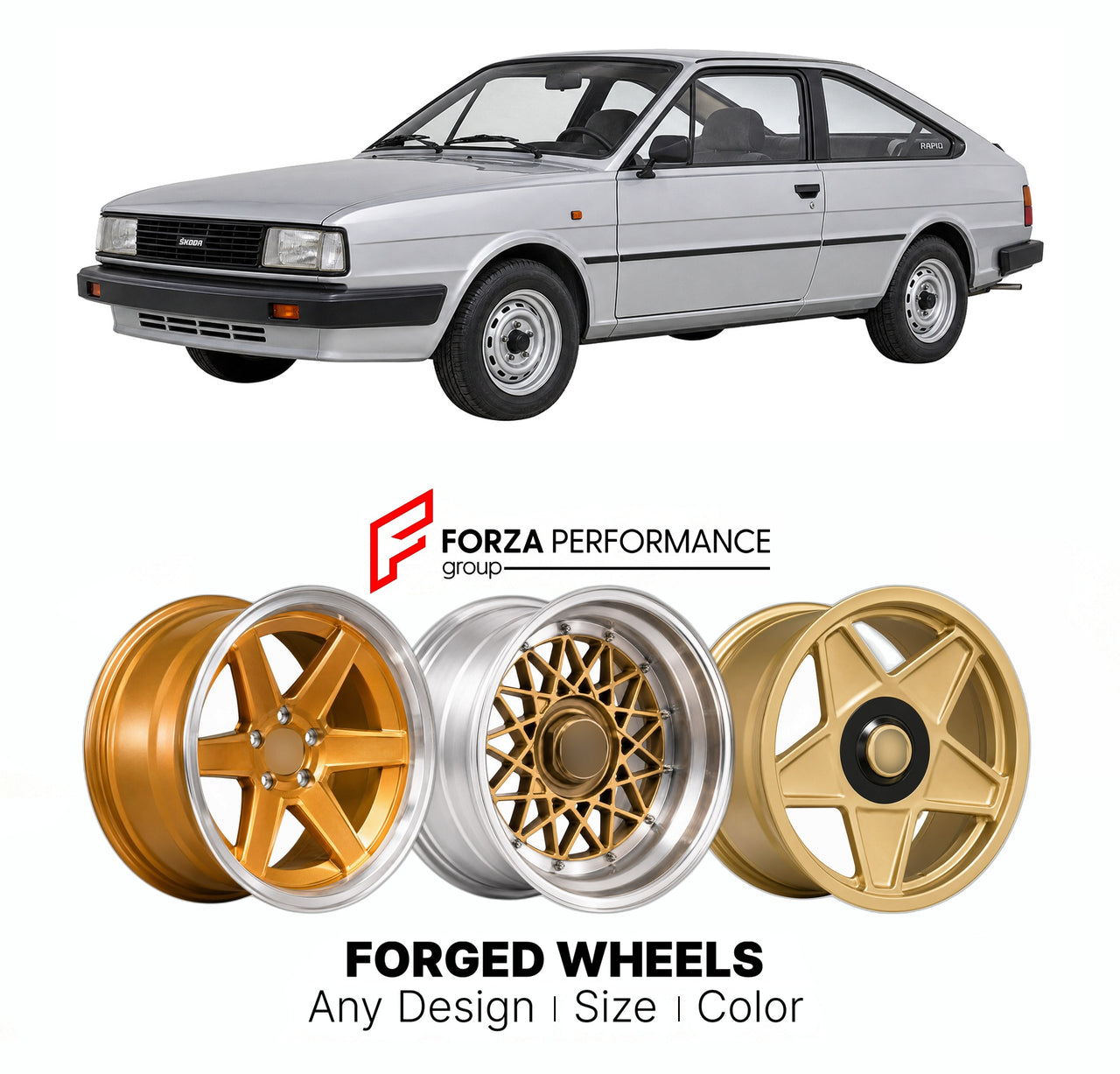 CUSTOM CLASSIC VINTAGE RESTOMOD RETRO OLD SCHOOL FORGED WHEELS RIMS for SKODA RAPID TYPE 743 COUPE 1984 - 1990

Custom forged wheels for Skoda Rapid Type 743 Coupe 1984 - 1990. Classic, vintage, restomod wheel designs made to order in custom sizes, offsets, colors and finishes.

We manufacture premium quality forged wheels rims for Skoda Rapid Type 743 Coupe 1984 - 1990 in any design, size, color.

THIS WHEEL DESIGN CAN BE CUSTOM-MADE FOR YOUR CAR IN ANY SIZE AND COLOR OPTIONS
Available in monoblock, 2-piec