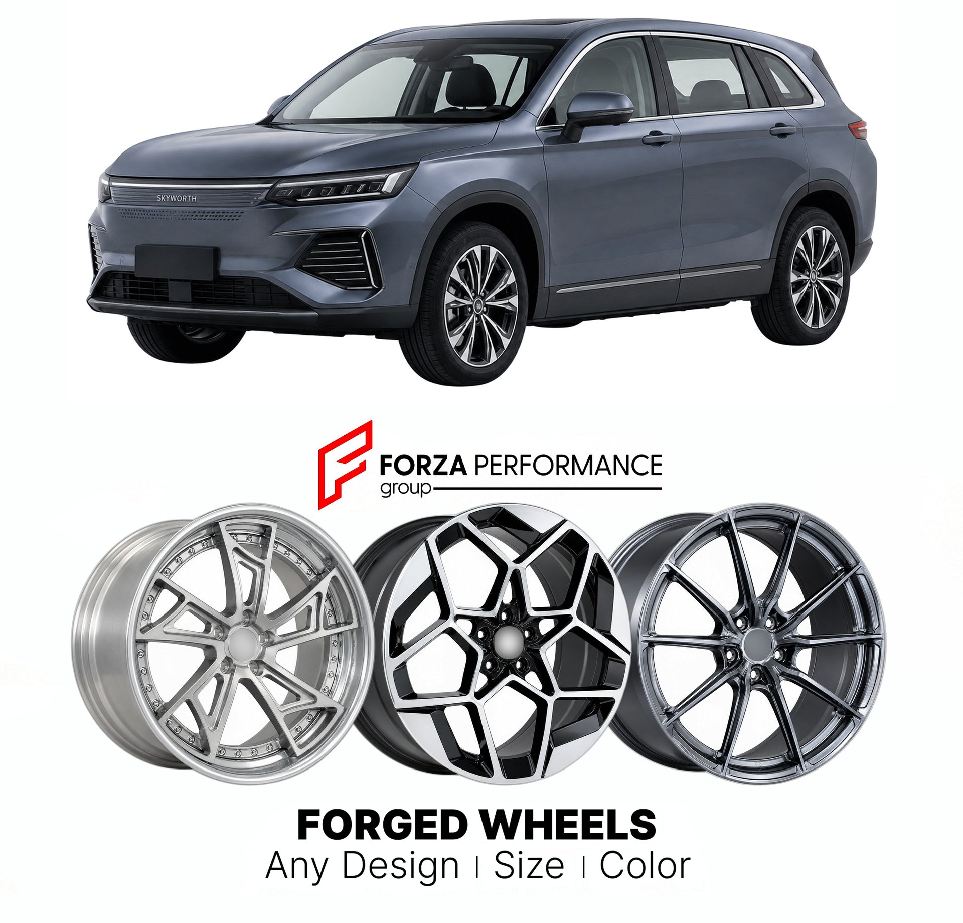 Custom forged wheels for Skyworth EV6 K 2021+. Made-to-order monoblock, 2-piece and 3-piece wheels in custom sizes, offsets, colors and finishes with guaranteed vehicle fitment.

We manufacture premium quality forged wheels rims for Skyworth EV6 K 2021+ in any design, size, color.

THIS WHEEL DESIGN CAN BE CUSTOM-MADE FOR YOUR CAR IN ANY SIZE AND COLOR OPTIONS
Available in monoblock, 2-piece, 3-piece, duoblock, beadlock
3D wheel renderings are provided according to the exact dimensions and specifications re