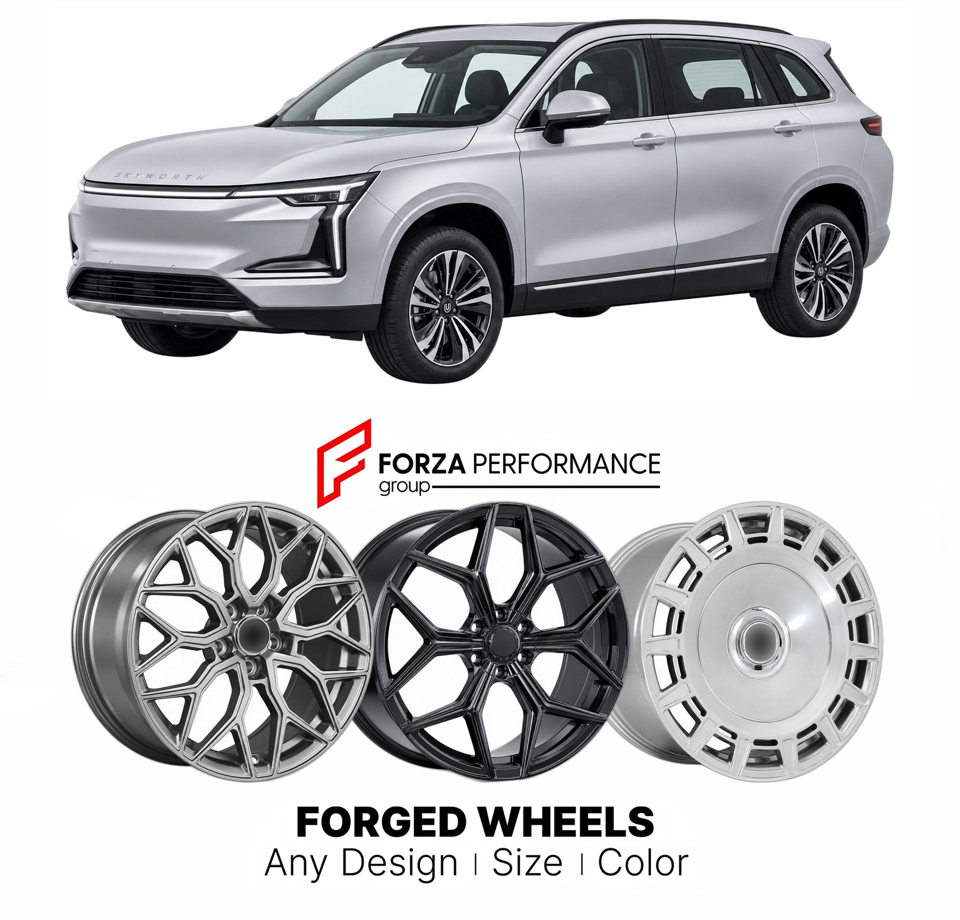 Custom forged wheels for Skyworth HT-i 2022+. Made-to-order monoblock, 2-piece and 3-piece wheels in custom sizes, offsets, colors and finishes with guaranteed vehicle fitment.

We manufacture premium quality forged wheels rims for Skyworth HT-i 2022+ in any design, size, color.

THIS WHEEL DESIGN CAN BE CUSTOM-MADE FOR YOUR CAR IN ANY SIZE AND COLOR OPTIONS
Available in monoblock, 2-piece, 3-piece, duoblock, beadlock
3D wheel renderings are provided according to the exact dimensions and specifications requ