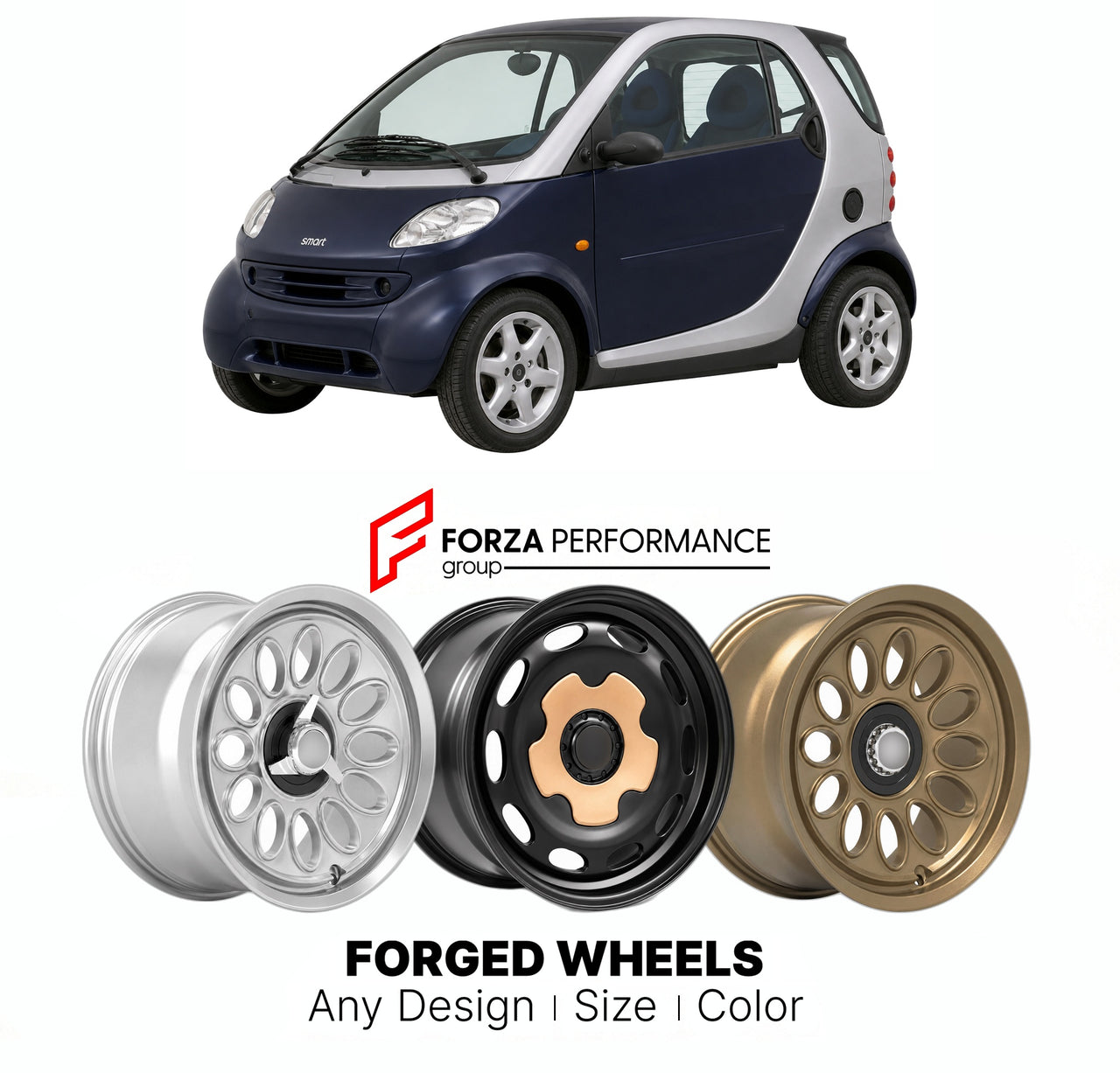 CUSTOM CLASSIC VINTAGE RESTOMOD RETRO OLD SCHOOL FORGED WHEELS RIMS for SMART CITY-COUPE FORTWO W450 1998 - 2007

Custom forged wheels for Smart City-Coupe Fortwo W450 1998 - 2007. Classic, vintage, restomod wheel designs made to order in custom sizes, offsets, colors and finishes.

We manufacture premium quality forged wheels rims for Smart City-Coupe Fortwo W450 1998 - 2007 in any design, size, color.

THIS WHEEL DESIGN CAN BE CUSTOM-MADE FOR YOUR CAR IN ANY SIZE AND COLOR OPTIONS
Available in monoblock, 