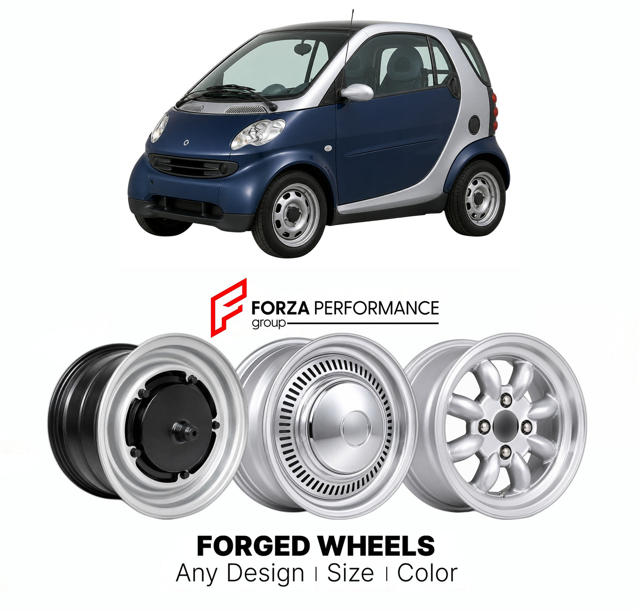 CUSTOM CLASSIC VINTAGE RESTOMOD RETRO OLD SCHOOL FORGED WHEELS RIMS for SMART FORTWO W450 COUPE 1998 - 2007

Custom forged wheels for Smart Fortwo W450 Coupe 1998 - 2007. Classic, vintage, restomod wheel designs made to order in custom sizes, offsets, colors and finishes.

We manufacture premium quality forged wheels rims for Smart Fortwo W450 Coupe 1998 - 2007 in any design, size, color.

THIS WHEEL DESIGN CAN BE CUSTOM-MADE FOR YOUR CAR IN ANY SIZE AND COLOR OPTIONS
Available in monoblock, 2-piece, 3-piec