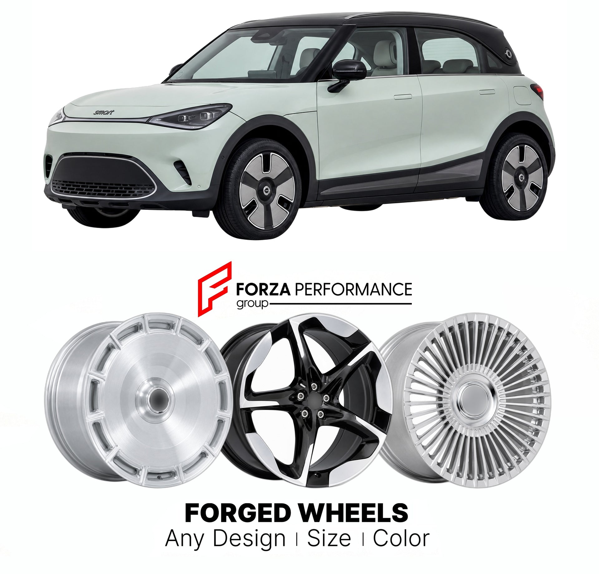 Custom forged wheels for Smart Geely JV #1 2022+. Made-to-order monoblock, 2-piece and 3-piece wheels in custom sizes, offsets, colors and finishes with guaranteed vehicle fitment.

We manufacture premium quality forged wheels rims for Smart Geely JV #1 2022+ in any design, size, color.

THIS WHEEL DESIGN CAN BE CUSTOM-MADE FOR YOUR CAR IN ANY SIZE AND COLOR OPTIONS
Available in monoblock, 2-piece, 3-piece, duoblock, beadlock
3D wheel renderings are provided according to the exact dimensions and specificati