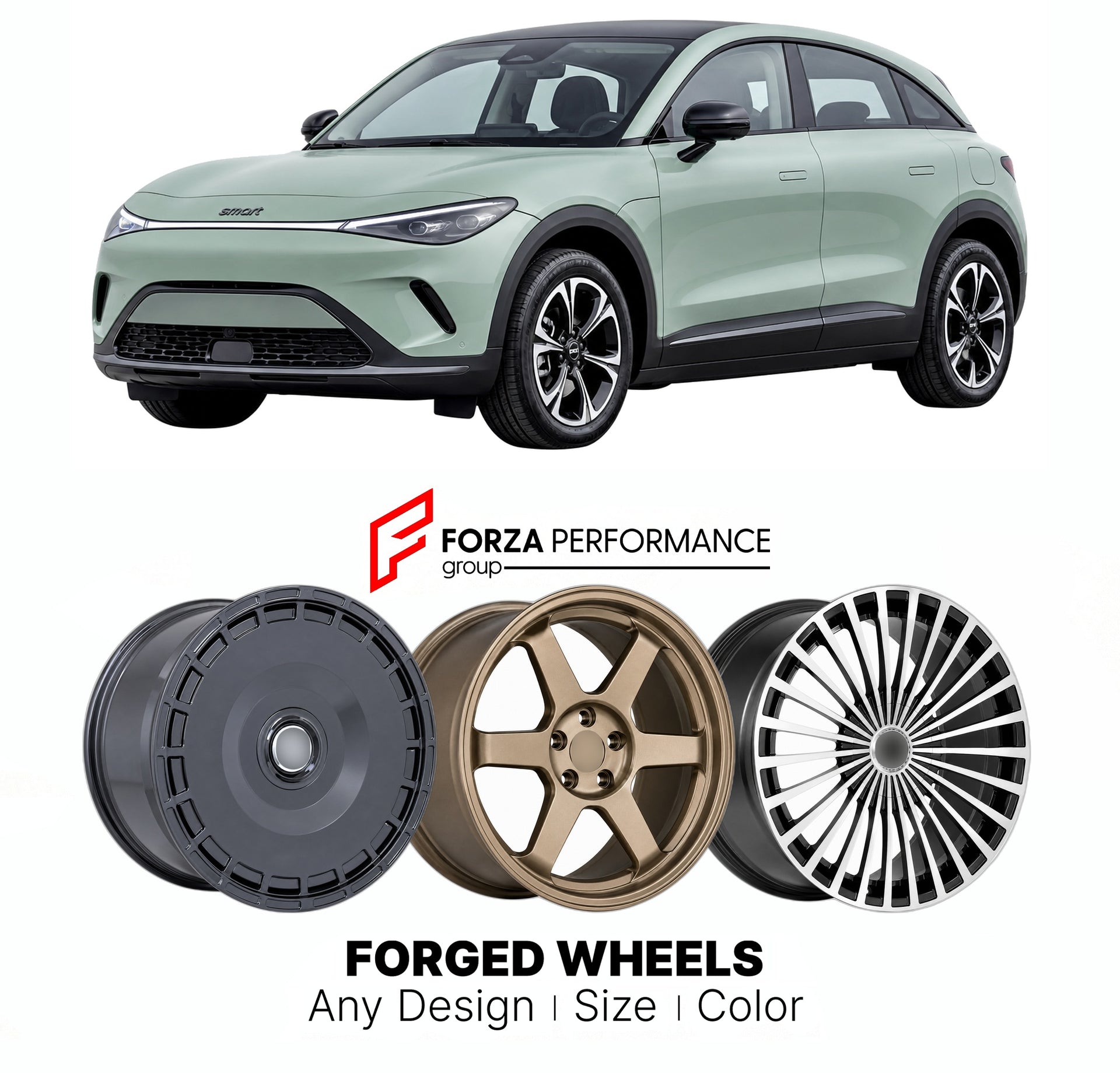 Custom forged wheels for Smart Geely JV #3 2023+. Made-to-order monoblock, 2-piece and 3-piece wheels in custom sizes, offsets, colors and finishes with guaranteed vehicle fitment.

We manufacture premium quality forged wheels rims for Smart Geely JV #3 2023+ in any design, size, color.

THIS WHEEL DESIGN CAN BE CUSTOM-MADE FOR YOUR CAR IN ANY SIZE AND COLOR OPTIONS
Available in monoblock, 2-piece, 3-piece, duoblock, beadlock
3D wheel renderings are provided according to the exact dimensions and specificati