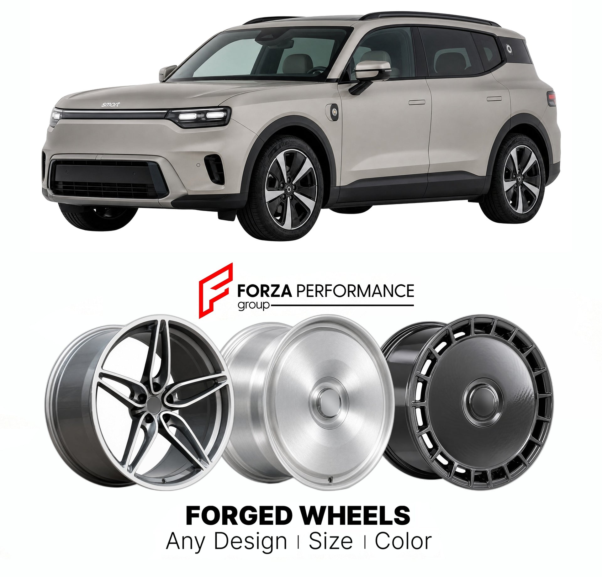 Custom forged wheels for Smart Geely JV #5 2024+. Made-to-order monoblock, 2-piece and 3-piece wheels in custom sizes, offsets, colors and finishes with guaranteed vehicle fitment.

We manufacture premium quality forged wheels rims for Smart Geely JV #5 2024+ in any design, size, color.

THIS WHEEL DESIGN CAN BE CUSTOM-MADE FOR YOUR CAR IN ANY SIZE AND COLOR OPTIONS
Available in monoblock, 2-piece, 3-piece, duoblock, beadlock
3D wheel renderings are provided according to the exact dimensions and specificati