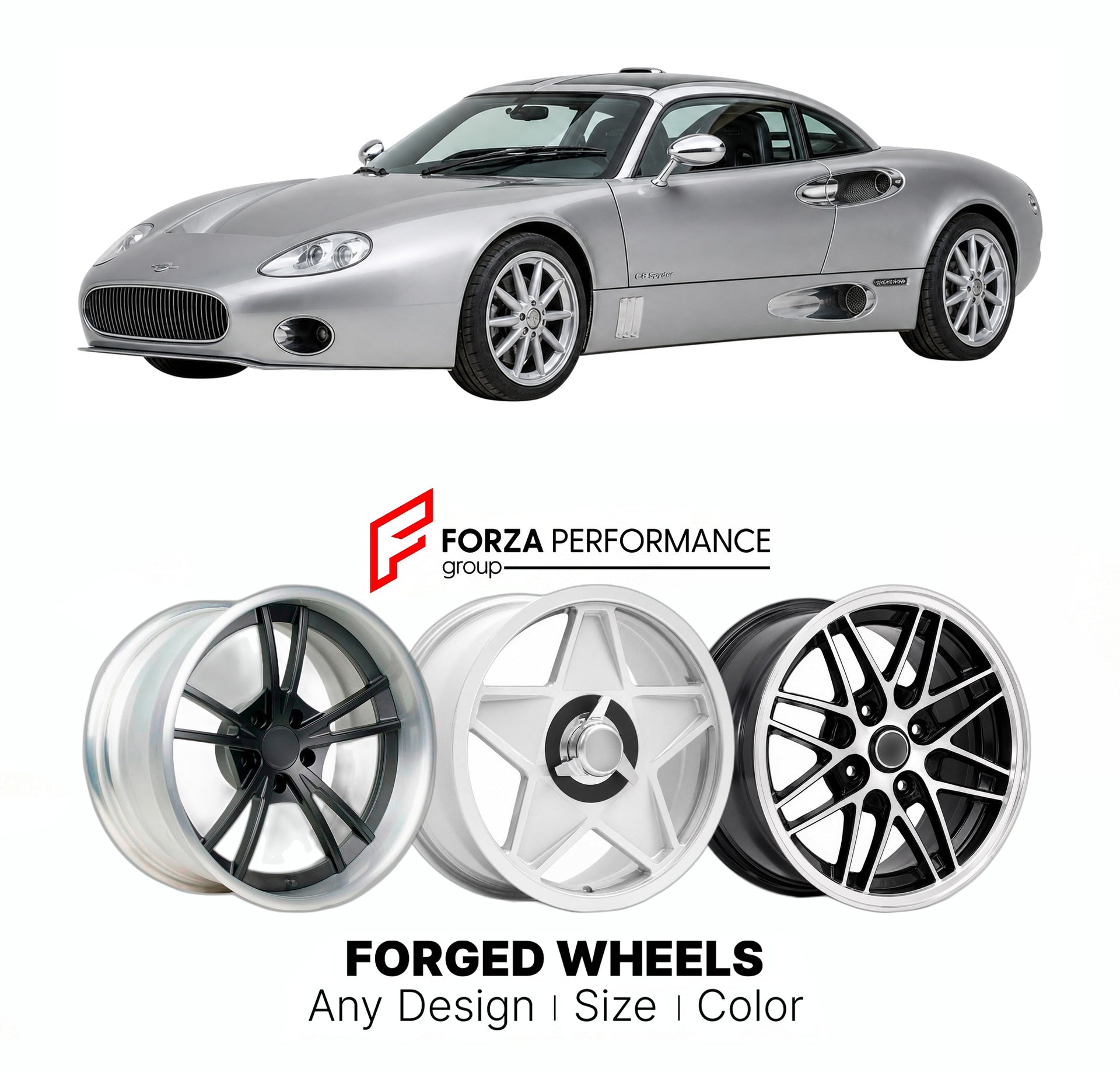 CUSTOM CLASSIC VINTAGE RESTOMOD RETRO OLD SCHOOL FORGED WHEELS RIMS for SPYKER C8 2000 - 2012

Custom forged wheels for Spyker C8 2000 - 2012. Classic, vintage, restomod wheel designs made to order in custom sizes, offsets, colors and finishes.

We manufacture premium quality forged wheels rims for Spyker C8 2000 - 2012 in any design, size, color.

THIS WHEEL DESIGN CAN BE CUSTOM-MADE FOR YOUR CAR IN ANY SIZE AND COLOR OPTIONS
Available in monoblock, 2-piece, 3-piece, duoblock, beadlock
3D wheel renderings 