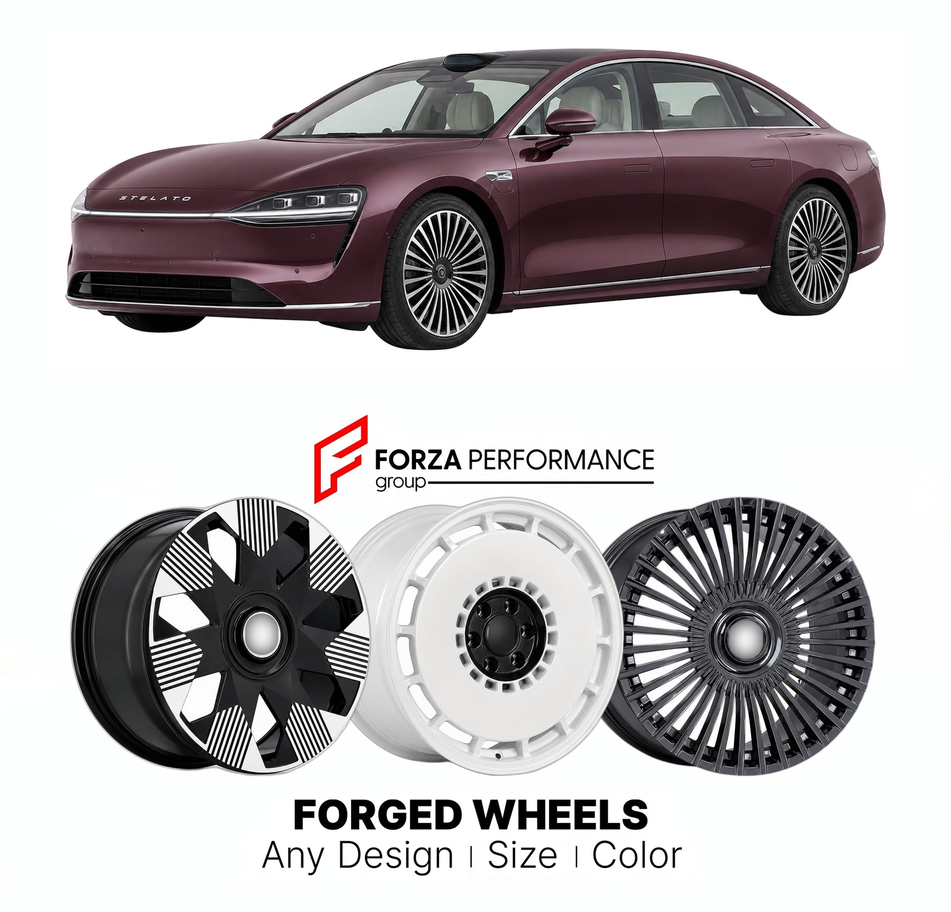 Custom forged wheels for Stelato BAIC Huawei S9 2024+. Made-to-order monoblock, 2-piece and 3-piece wheels in custom sizes, offsets, colors and finishes with guaranteed vehicle fitment.

We manufacture premium quality forged wheels rims for Stelato BAIC Huawei S9 2024+ in any design, size, color.

THIS WHEEL DESIGN CAN BE CUSTOM-MADE FOR YOUR CAR IN ANY SIZE AND COLOR OPTIONS
Available in monoblock, 2-piece, 3-piece, duoblock, beadlock
3D wheel renderings are provided according to the exact dimensions and s