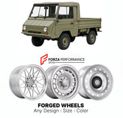 CUSTOM CLASSIC VINTAGE RESTOMOD RETRO OLD SCHOOL FORGED WHEELS RIMS for STEYR-PUCH HAFLINGER 1959 - 1974

Custom forged wheels for Steyr-Puch Haflinger 1959 - 1974. Classic, vintage, restomod wheel designs made to order in custom sizes, offsets, colors and finishes.

We manufacture premium quality forged wheels rims for Steyr-Puch Haflinger 1959 - 1974 in any design, size, color.

THIS WHEEL DESIGN CAN BE CUSTOM-MADE FOR YOUR CAR IN ANY SIZE AND COLOR OPTIONS
Available in monoblock, 2-piece, 3-piece, duoblo