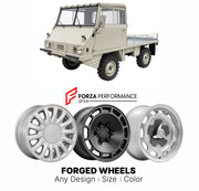 CUSTOM CLASSIC VINTAGE RESTOMOD RETRO OLD SCHOOL FORGED WHEELS RIMS for STEYR-PUCH HAFLINGER SERIES II 1967 - 1974

Custom forged wheels for Steyr-Puch Haflinger Series II 1967 - 1974. Classic, vintage, restomod wheel designs made to order in custom sizes, offsets, colors and finishes.

We manufacture premium quality forged wheels rims for Steyr-Puch Haflinger Series II 1967 - 1974 in any design, size, color.

THIS WHEEL DESIGN CAN BE CUSTOM-MADE FOR YOUR CAR IN ANY SIZE AND COLOR OPTIONS
Available in