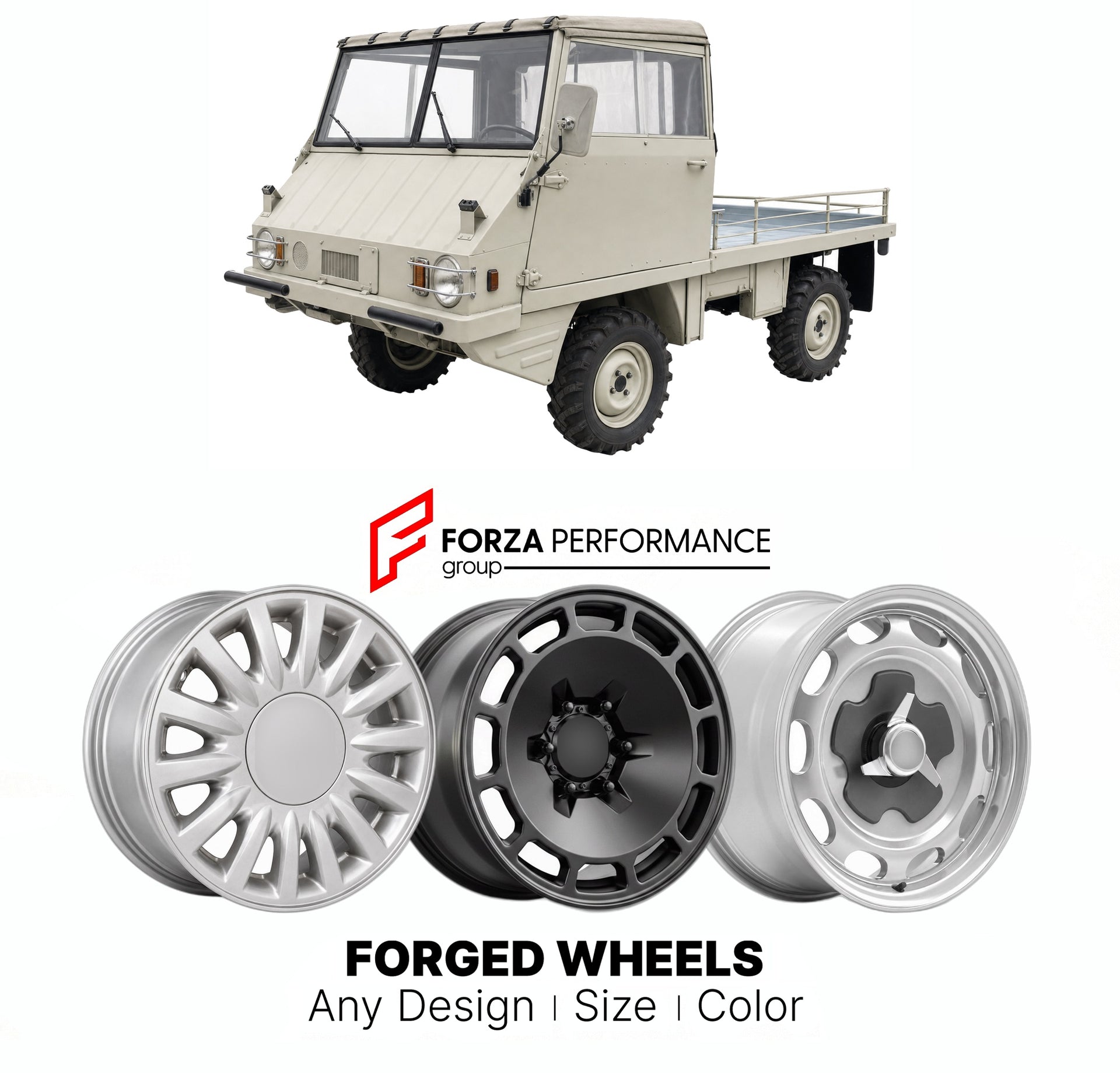 CUSTOM CLASSIC VINTAGE RESTOMOD RETRO OLD SCHOOL FORGED WHEELS RIMS for STEYR-PUCH HAFLINGER SERIES II 1967 - 1974

Custom forged wheels for Steyr-Puch Haflinger Series II 1967 - 1974. Classic, vintage, restomod wheel designs made to order in custom sizes, offsets, colors and finishes.

We manufacture premium quality forged wheels rims for Steyr-Puch Haflinger Series II 1967 - 1974 in any design, size, color.

THIS WHEEL DESIGN CAN BE CUSTOM-MADE FOR YOUR CAR IN ANY SIZE AND COLOR OPTIONS
Available in