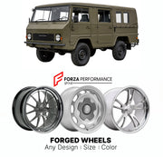 CUSTOM CLASSIC VINTAGE RESTOMOD RETRO OLD SCHOOL FORGED WHEELS RIMS for STEYR-PUCH PINZGAUER 710 712 1971 - 2000

Custom forged wheels for Steyr-Puch Pinzgauer 710 712 1971 - 2000. Classic, vintage, restomod wheel designs made to order in custom sizes, offsets, colors and finishes.

We manufacture premium quality forged wheels rims for Steyr-Puch Pinzgauer 710 712 1971 - 2000 in any design, size, color.

THIS WHEEL DESIGN CAN BE CUSTOM-MADE FOR YOUR CAR IN ANY SIZE AND COLOR OPTIONS
Available in monoblock, 