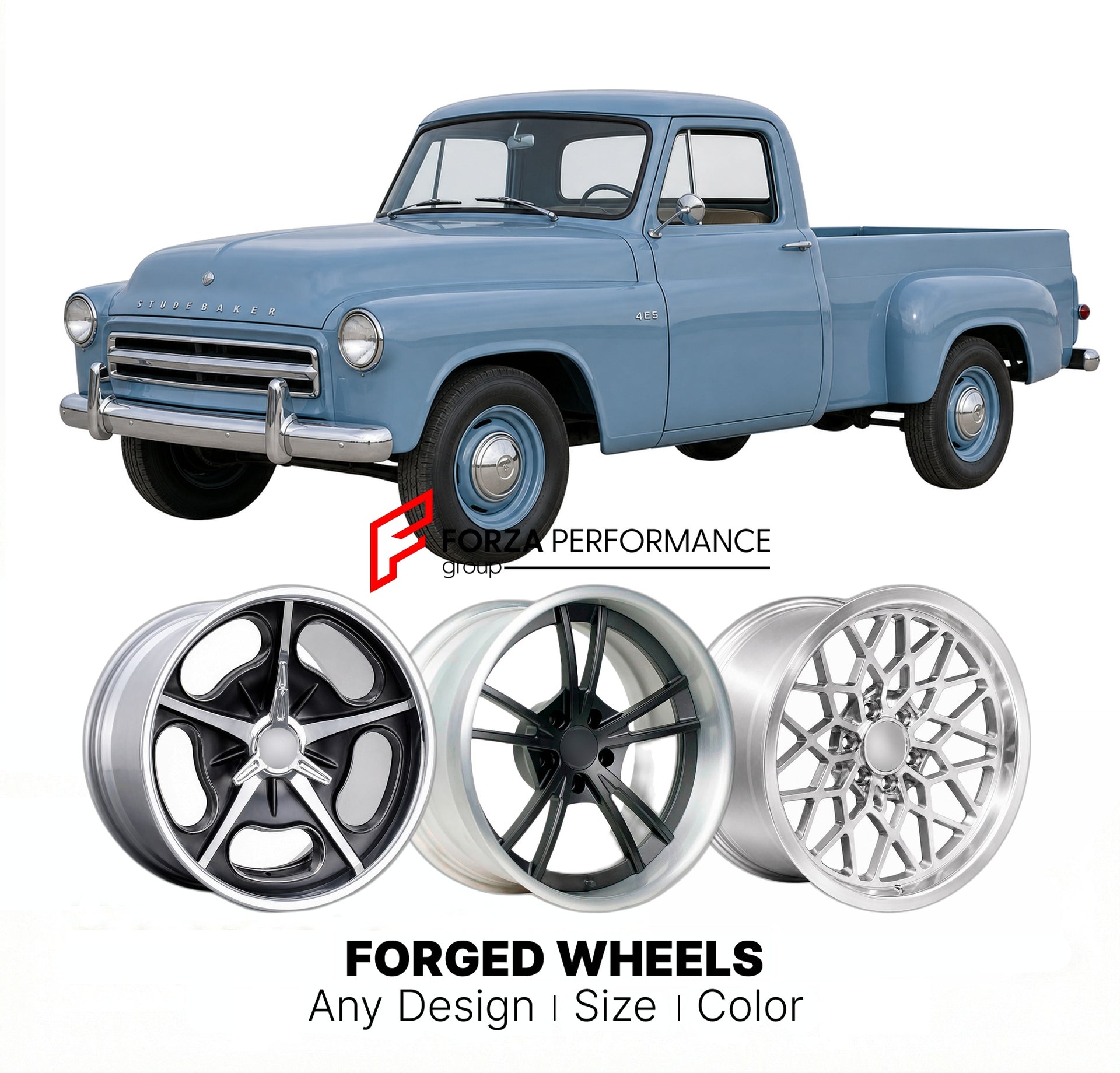 CUSTOM CLASSIC VINTAGE RESTOMOD RETRO OLD SCHOOL FORGED WHEELS RIMS for STUDEBAKER 4E5 1959
Custom forged wheels for classic American muscle cars. Ideal for restomod builds, vintage restorations, and show cars. Deep dish and retro styling available.

We manufacture premium quality forged wheels rims for Studebaker 4E5 1959 in any design, size, color.

THIS WHEEL DESIGN CAN BE CUSTOM-MADE FOR YOUR CAR IN ANY SIZE AND COLOR OPTIONS
Available in monoblock, 2-piece, 3-piece, duoblock, beadlock
3D wheel renderin