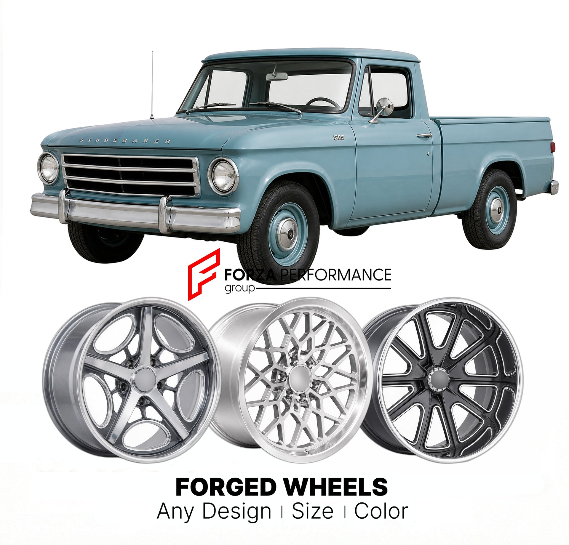 CUSTOM CLASSIC VINTAGE RESTOMOD RETRO OLD SCHOOL FORGED WHEELS RIMS for STUDEBAKER 5E5 1960 - 1964
Custom forged wheels for classic American muscle cars. Ideal for restomod builds, vintage restorations, and show cars. Deep dish and retro styling available.

We manufacture premium quality forged wheels rims for Studebaker 5E5 1960 - 1964 in any design, size, color.

THIS WHEEL DESIGN CAN BE CUSTOM-MADE FOR YOUR CAR IN ANY SIZE AND COLOR OPTIONS
Available in monoblock, 2-piece, 3-piece, duoblock, beadlock
3D 