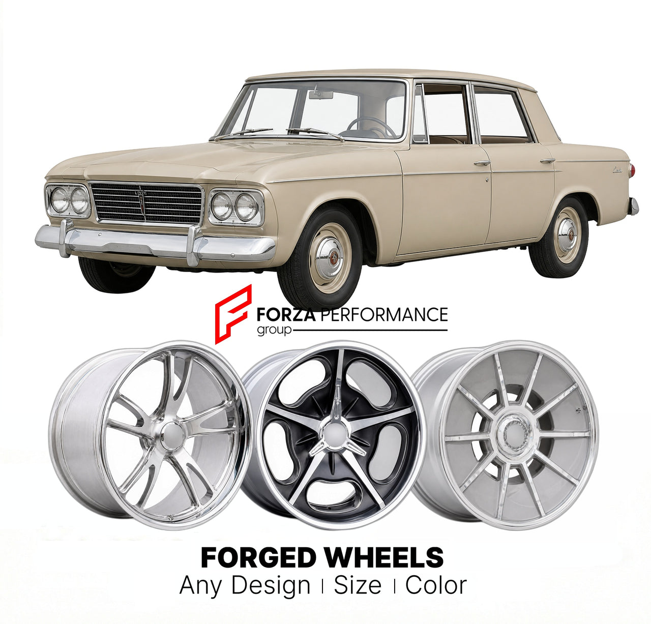 CUSTOM CLASSIC VINTAGE RESTOMOD RETRO OLD SCHOOL FORGED WHEELS RIMS for STUDEBAKER 6E5 1960 - 1964
Custom forged wheels for classic American muscle cars. Ideal for restomod builds, vintage restorations, and show cars. Deep dish and retro styling available.

We manufacture premium quality forged wheels rims for Studebaker 6E5 1960 - 1964 in any design, size, color.

THIS WHEEL DESIGN CAN BE CUSTOM-MADE FOR YOUR CAR IN ANY SIZE AND COLOR OPTIONS
Available in monoblock, 2-piece, 3-piece, duoblock, beadlock
3D 