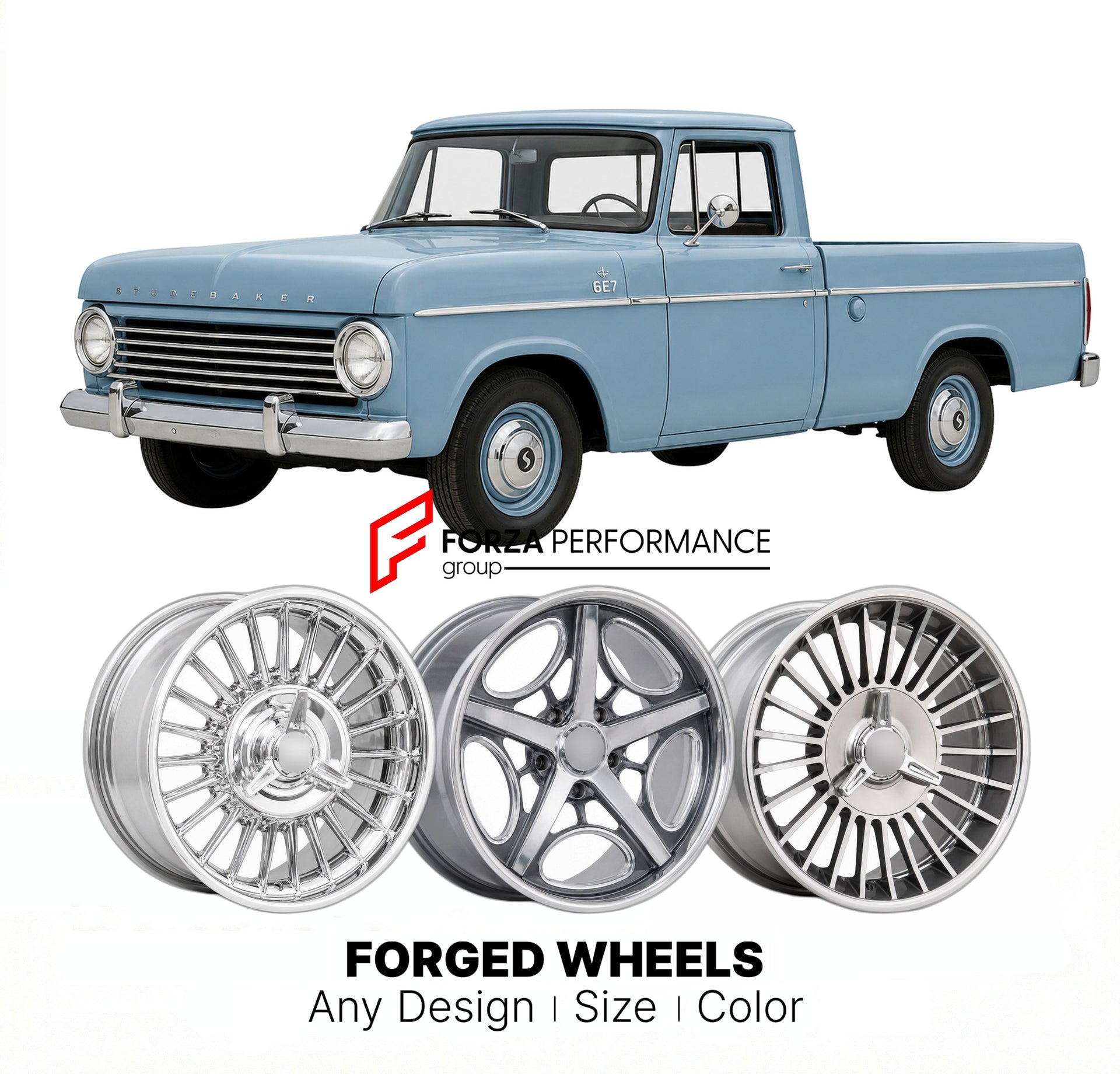 CUSTOM CLASSIC VINTAGE RESTOMOD RETRO OLD SCHOOL FORGED WHEELS RIMS for STUDEBAKER 6E7 1960 - 1964
Custom forged wheels for classic American muscle cars. Ideal for restomod builds, vintage restorations, and show cars. Deep dish and retro styling available.

We manufacture premium quality forged wheels rims for Studebaker 6E7 1960 - 1964 in any design, size, color.

THIS WHEEL DESIGN CAN BE CUSTOM-MADE FOR YOUR CAR IN ANY SIZE AND COLOR OPTIONS
Available in monoblock, 2-piece, 3-piece, duoblock, beadlock
3D 