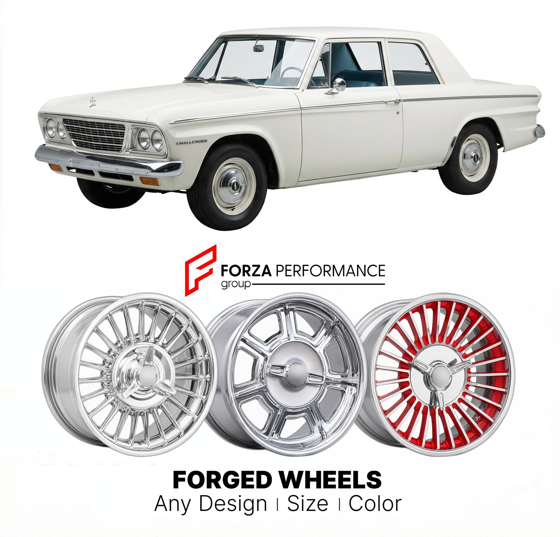 CUSTOM CLASSIC VINTAGE RESTOMOD RETRO OLD SCHOOL FORGED WHEELS RIMS for STUDEBAKER CHALLENGER 1959 - 1964
Custom forged wheels for classic American muscle cars. Ideal for restomod builds, vintage restorations, and show cars. Deep dish and retro styling available.

We manufacture premium quality forged wheels rims for Studebaker Challenger 1959 - 1964 in any design, size, color.

THIS WHEEL DESIGN CAN BE CUSTOM-MADE FOR YOUR CAR IN ANY SIZE AND COLOR OPTIONS
Available in monoblock, 2-piece, 3-piece, duoblock