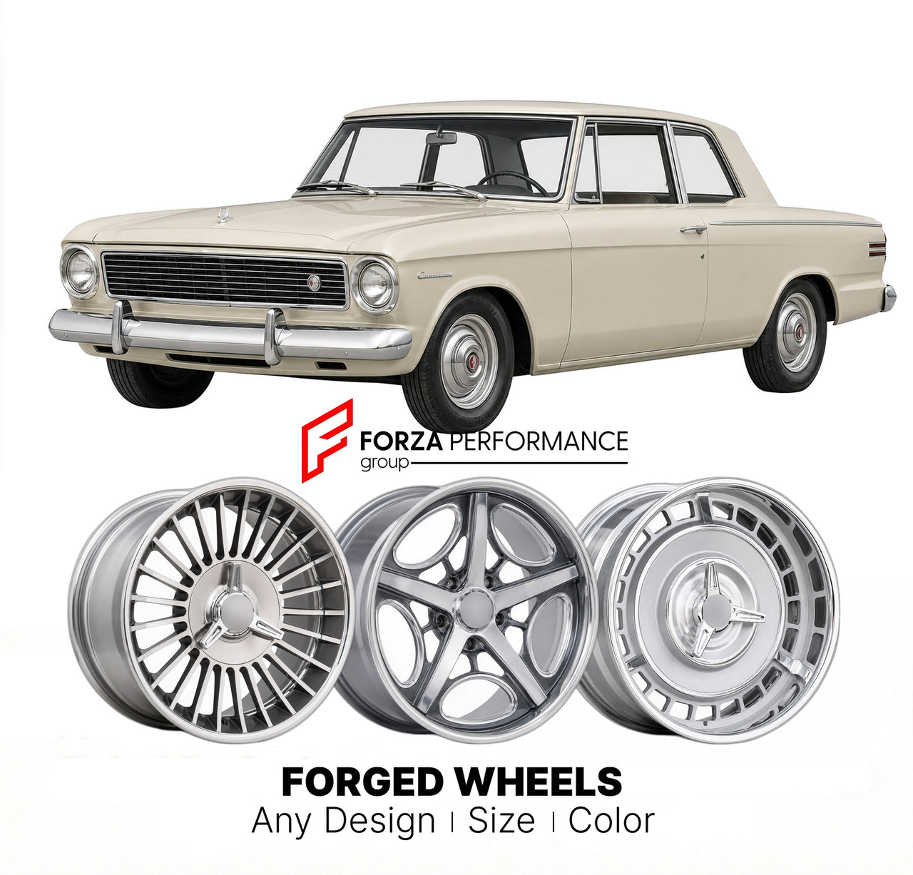 CUSTOM CLASSIC VINTAGE RESTOMOD RETRO OLD SCHOOL FORGED WHEELS RIMS for STUDEBAKER COMMANDER 1958 - 1966
Custom forged wheels for classic American muscle cars. Ideal for restomod builds, vintage restorations, and show cars. Deep dish and retro styling available.

We manufacture premium quality forged wheels rims for Studebaker Commander 1958 - 1966 in any design, size, color.

THIS WHEEL DESIGN CAN BE CUSTOM-MADE FOR YOUR CAR IN ANY SIZE AND COLOR OPTIONS
Available in monoblock, 2-piece, 3-piece, duoblock, 