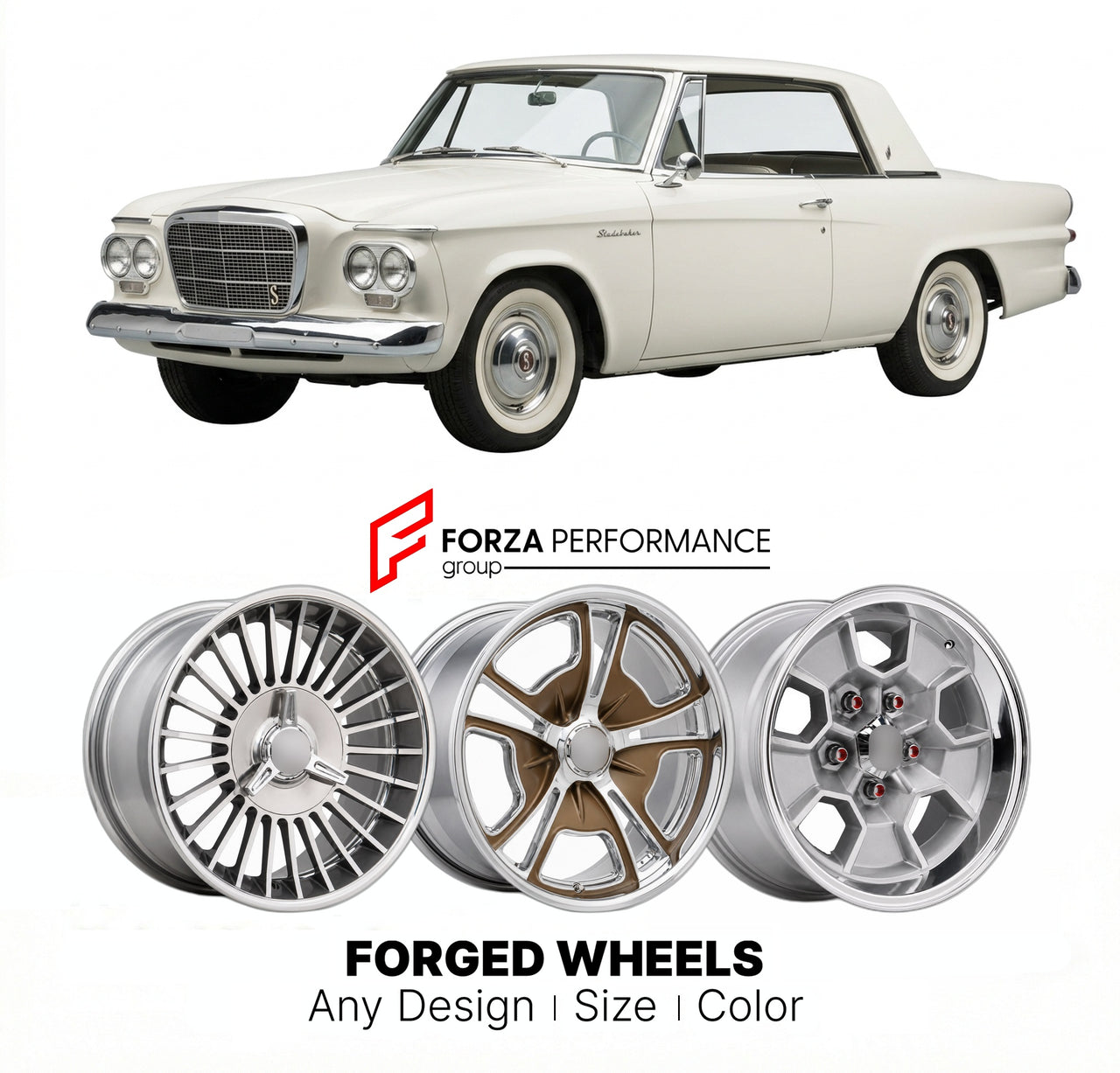 CUSTOM CLASSIC VINTAGE RESTOMOD RETRO OLD SCHOOL FORGED WHEELS RIMS for STUDEBAKER DAYTONA 1962 - 1964
Custom forged wheels for classic American muscle cars. Ideal for restomod builds, vintage restorations, and show cars. Deep dish and retro styling available.

We manufacture premium quality forged wheels rims for Studebaker Daytona 1962 - 1964 in any design, size, color.

THIS WHEEL DESIGN CAN BE CUSTOM-MADE FOR YOUR CAR IN ANY SIZE AND COLOR OPTIONS
Available in monoblock, 2-piece, 3-piece, duoblock, bead