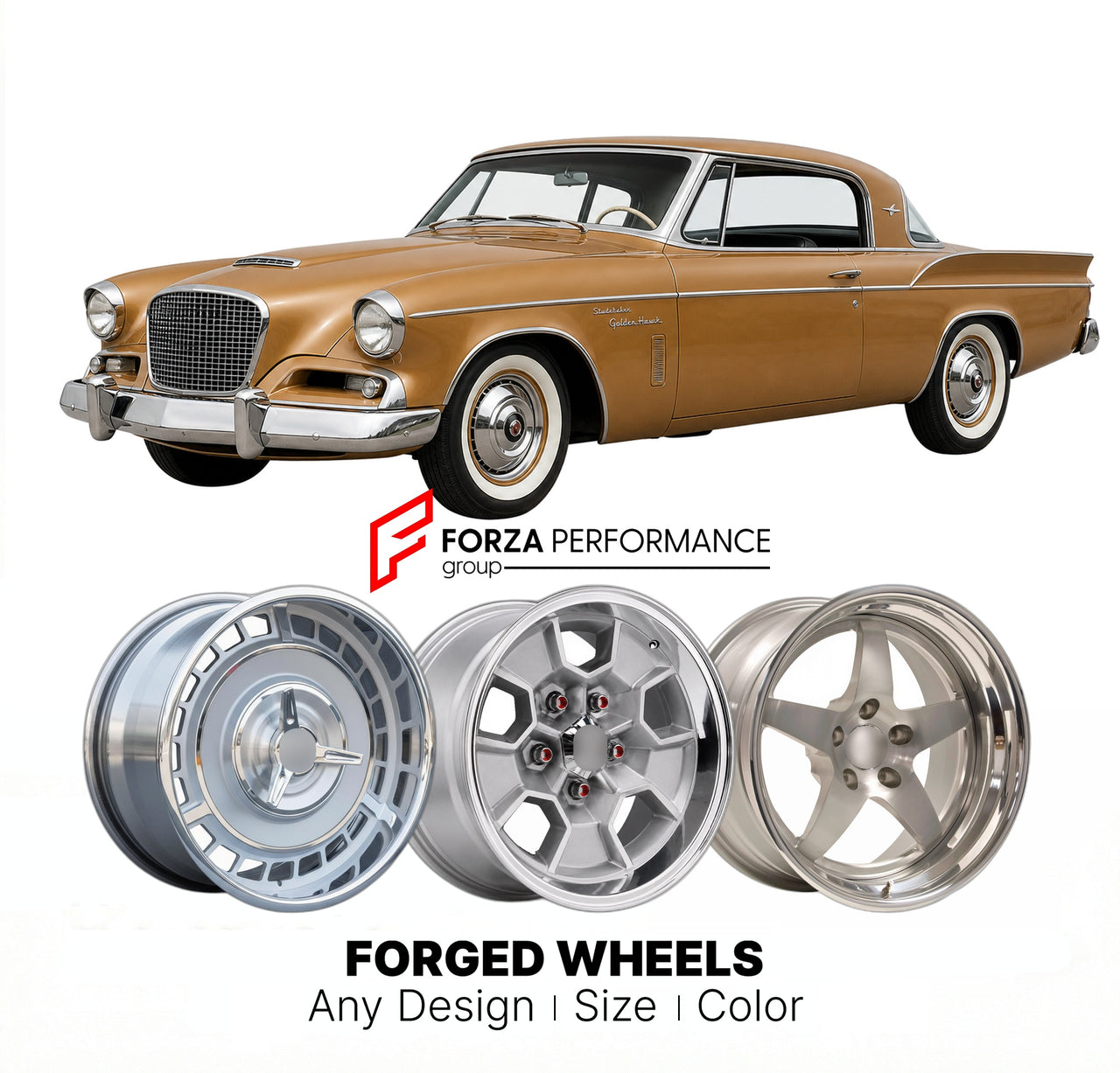 CUSTOM CLASSIC VINTAGE RESTOMOD RETRO OLD SCHOOL FORGED WHEELS RIMS for STUDEBAKER GOLDEN HAWK 1958 - 1958
Custom forged wheels for classic American muscle cars. Ideal for restomod builds, vintage restorations, and show cars. Deep dish and retro styling available.

We manufacture premium quality forged wheels rims for Studebaker Golden Hawk 1958 - 1958 in any design, size, color.

THIS WHEEL DESIGN CAN BE CUSTOM-MADE FOR YOUR CAR IN ANY SIZE AND COLOR OPTIONS
Available in monoblock, 2-piece, 3-piece, duoblo
