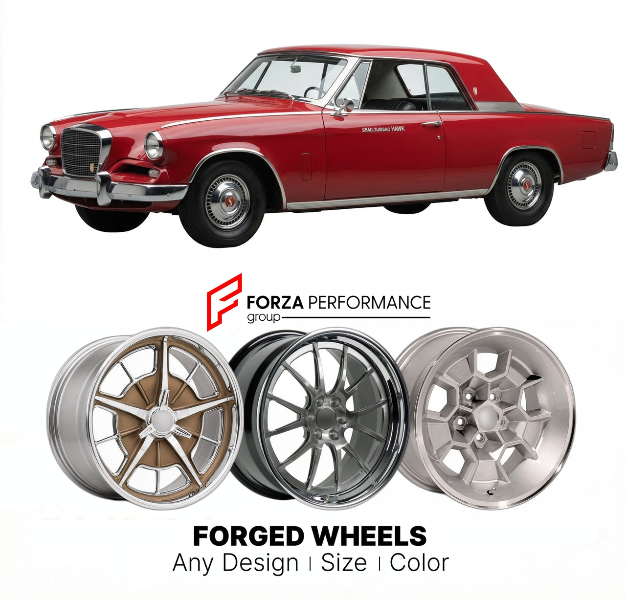 CUSTOM CLASSIC VINTAGE RESTOMOD RETRO OLD SCHOOL FORGED WHEELS RIMS for STUDEBAKER GRAN TURISMO HAWK 1962 - 1964
Custom forged wheels for classic American muscle cars. Ideal for restomod builds, vintage restorations, and show cars. Deep dish and retro styling available.

We manufacture premium quality forged wheels rims for Studebaker Gran Turismo Hawk 1962 - 1964 in any design, size, color.

THIS WHEEL DESIGN CAN BE CUSTOM-MADE FOR YOUR CAR IN ANY SIZE AND COLOR OPTIONS
Available in monoblock, 2-piece, 3-p