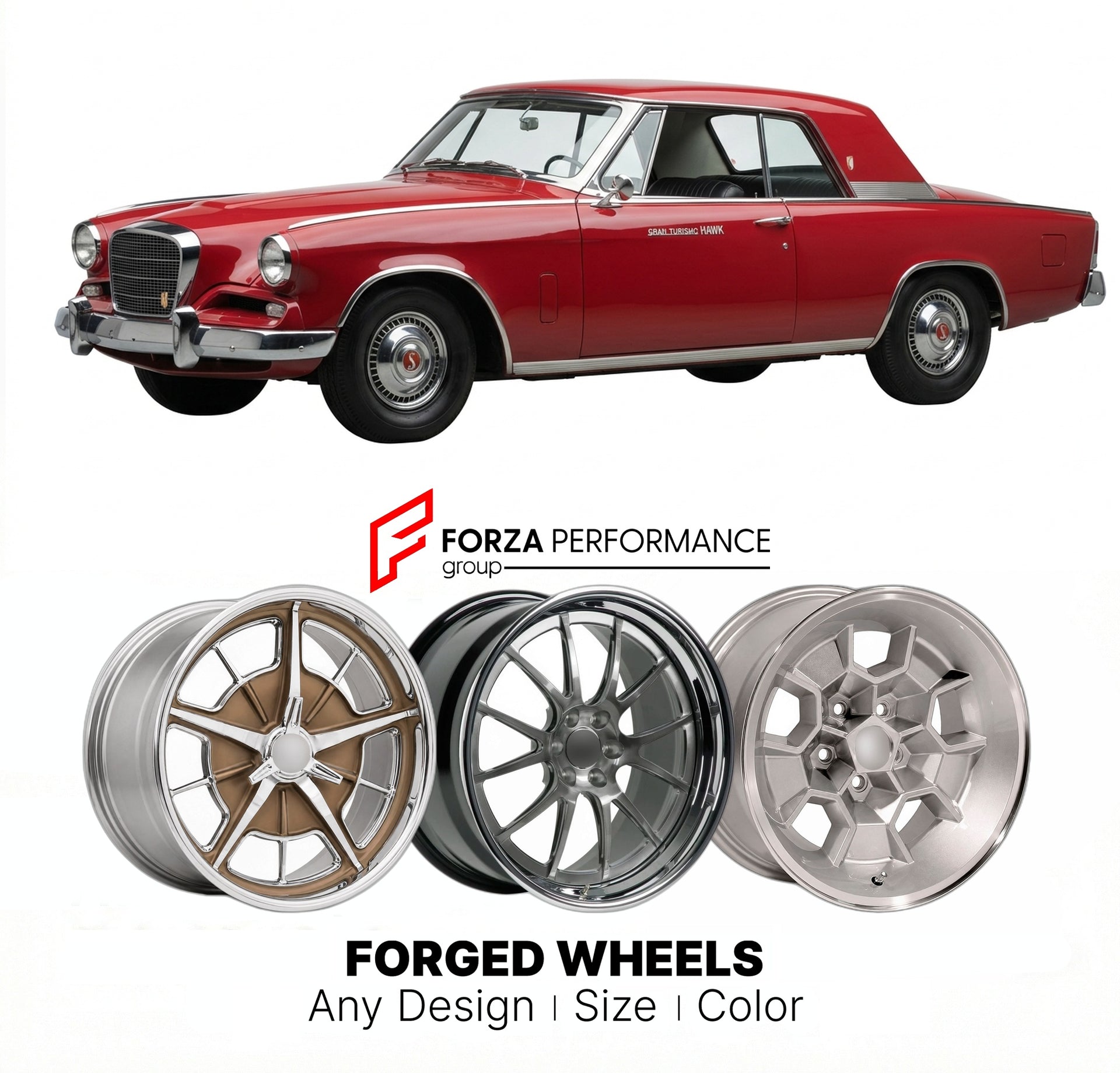CUSTOM CLASSIC VINTAGE RESTOMOD RETRO OLD SCHOOL FORGED WHEELS RIMS for STUDEBAKER GRAN TURISMO HAWK 1962 - 1964
Custom forged wheels for classic American muscle cars. Ideal for restomod builds, vintage restorations, and show cars. Deep dish and retro styling available.

We manufacture premium quality forged wheels rims for Studebaker Gran Turismo Hawk 1962 - 1964 in any design, size, color.

THIS WHEEL DESIGN CAN BE CUSTOM-MADE FOR YOUR CAR IN ANY SIZE AND COLOR OPTIONS
Available in monoblock, 2-piece, 3-p