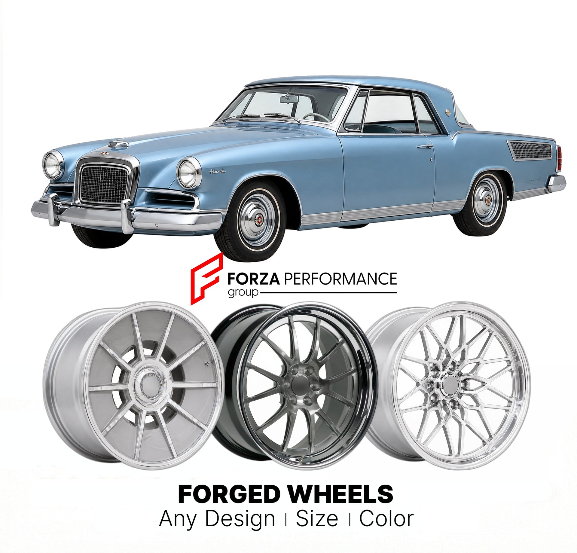 CUSTOM CLASSIC VINTAGE RESTOMOD RETRO OLD SCHOOL FORGED WHEELS RIMS for STUDEBAKER HAWK 1958 - 1964
Custom forged wheels for classic American muscle cars. Ideal for restomod builds, vintage restorations, and show cars. Deep dish and retro styling available.

We manufacture premium quality forged wheels rims for Studebaker Hawk 1958 - 1964 in any design, size, color.

THIS WHEEL DESIGN CAN BE CUSTOM-MADE FOR YOUR CAR IN ANY SIZE AND COLOR OPTIONS
Available in monoblock, 2-piece, 3-piece, duoblock, beadlock
3