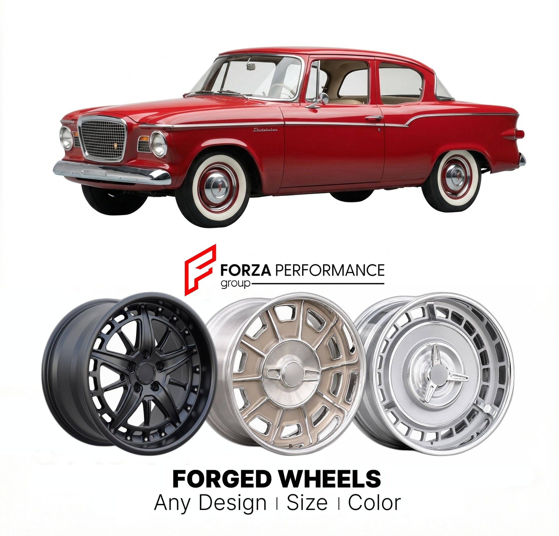 CUSTOM CLASSIC VINTAGE RESTOMOD RETRO OLD SCHOOL FORGED WHEELS RIMS for STUDEBAKER LARK 1959 - 1966
Custom forged wheels for classic American muscle cars. Ideal for restomod builds, vintage restorations, and show cars. Deep dish and retro styling available.

We manufacture premium quality forged wheels rims for Studebaker Lark 1959 - 1966 in any design, size, color.

THIS WHEEL DESIGN CAN BE CUSTOM-MADE FOR YOUR CAR IN ANY SIZE AND COLOR OPTIONS
Available in monoblock, 2-piece, 3-piece, duoblock, beadlock
3