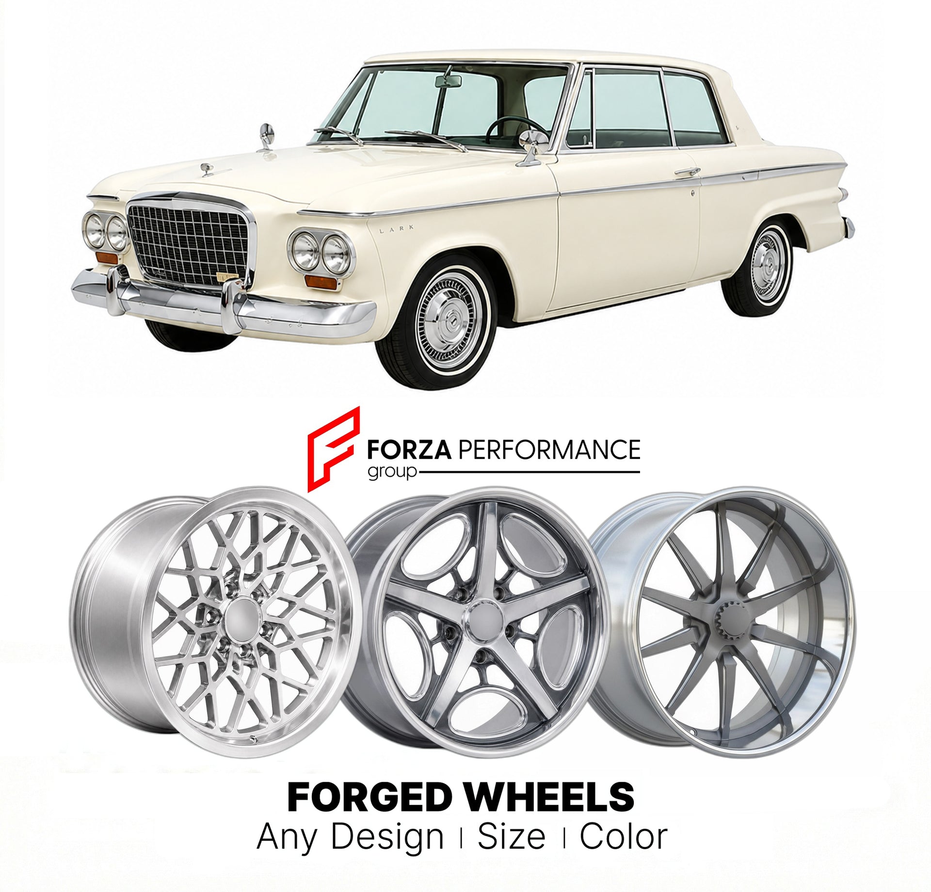 CUSTOM CLASSIC VINTAGE RESTOMOD RETRO OLD SCHOOL FORGED WHEELS RIMS for STUDEBAKER LARK DAYTONA HARDTOP 1962 - 1963
Custom forged wheels for classic American muscle cars. Ideal for restomod builds, vintage restorations, and show cars. Deep dish and retro styling available.

We manufacture premium quality forged wheels rims for Studebaker Lark Daytona Hardtop 1962 - 1963 in any design, size, color.

THIS WHEEL DESIGN CAN BE CUSTOM-MADE FOR YOUR CAR IN ANY SIZE AND COLOR OPTIONS
Available in monoblock, 2-piec