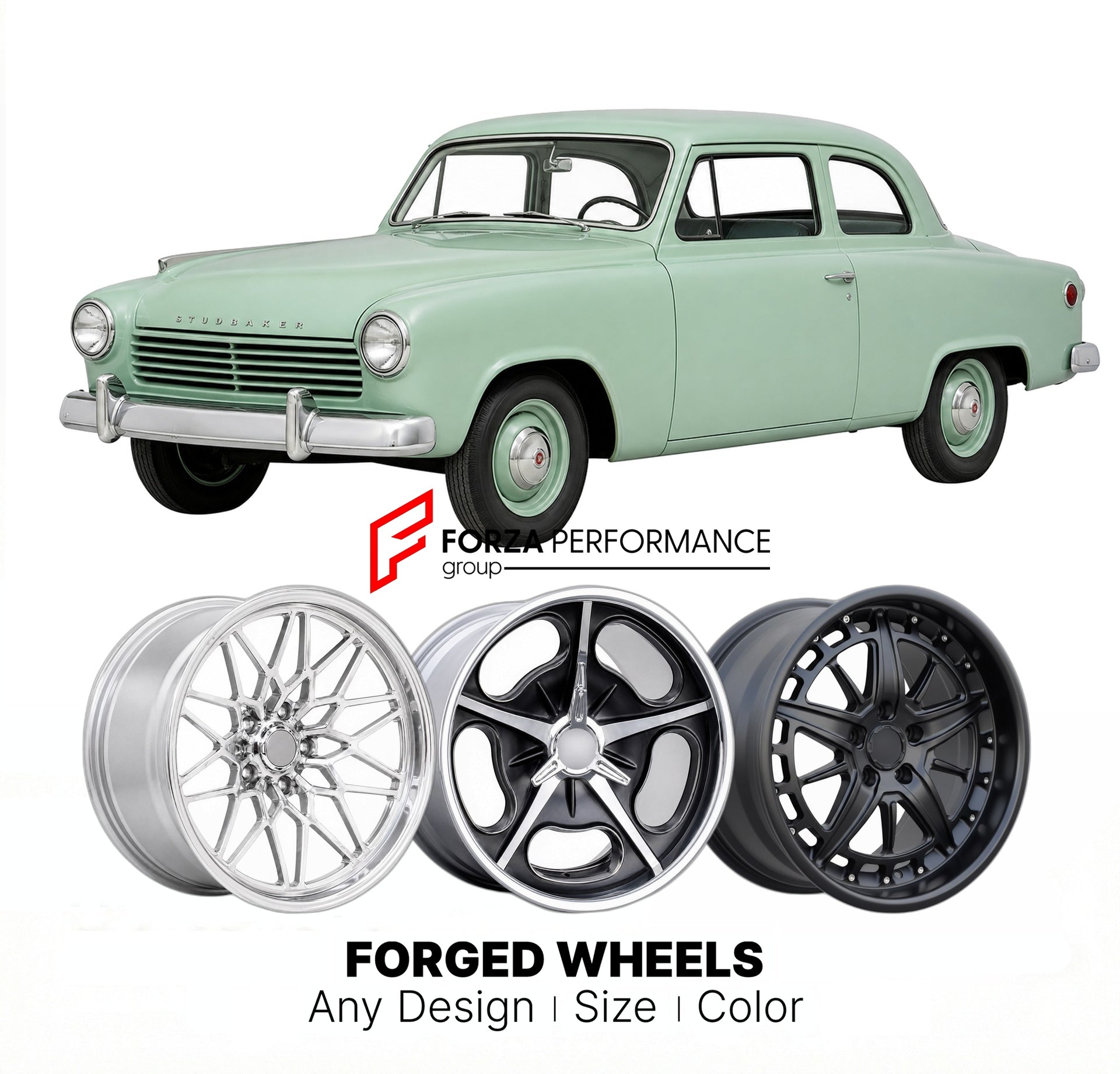 CUSTOM CLASSIC VINTAGE RESTOMOD RETRO OLD SCHOOL FORGED WHEELS RIMS for STUDEBAKER SCOTSMAN 1958 - 1964
Custom forged wheels for classic American muscle cars. Ideal for restomod builds, vintage restorations, and show cars. Deep dish and retro styling available.

We manufacture premium quality forged wheels rims for Studebaker Scotsman 1958 - 1964 in any design, size, color.

THIS WHEEL DESIGN CAN BE CUSTOM-MADE FOR YOUR CAR IN ANY SIZE AND COLOR OPTIONS
Available in monoblock, 2-piece, 3-piece, duoblock, be