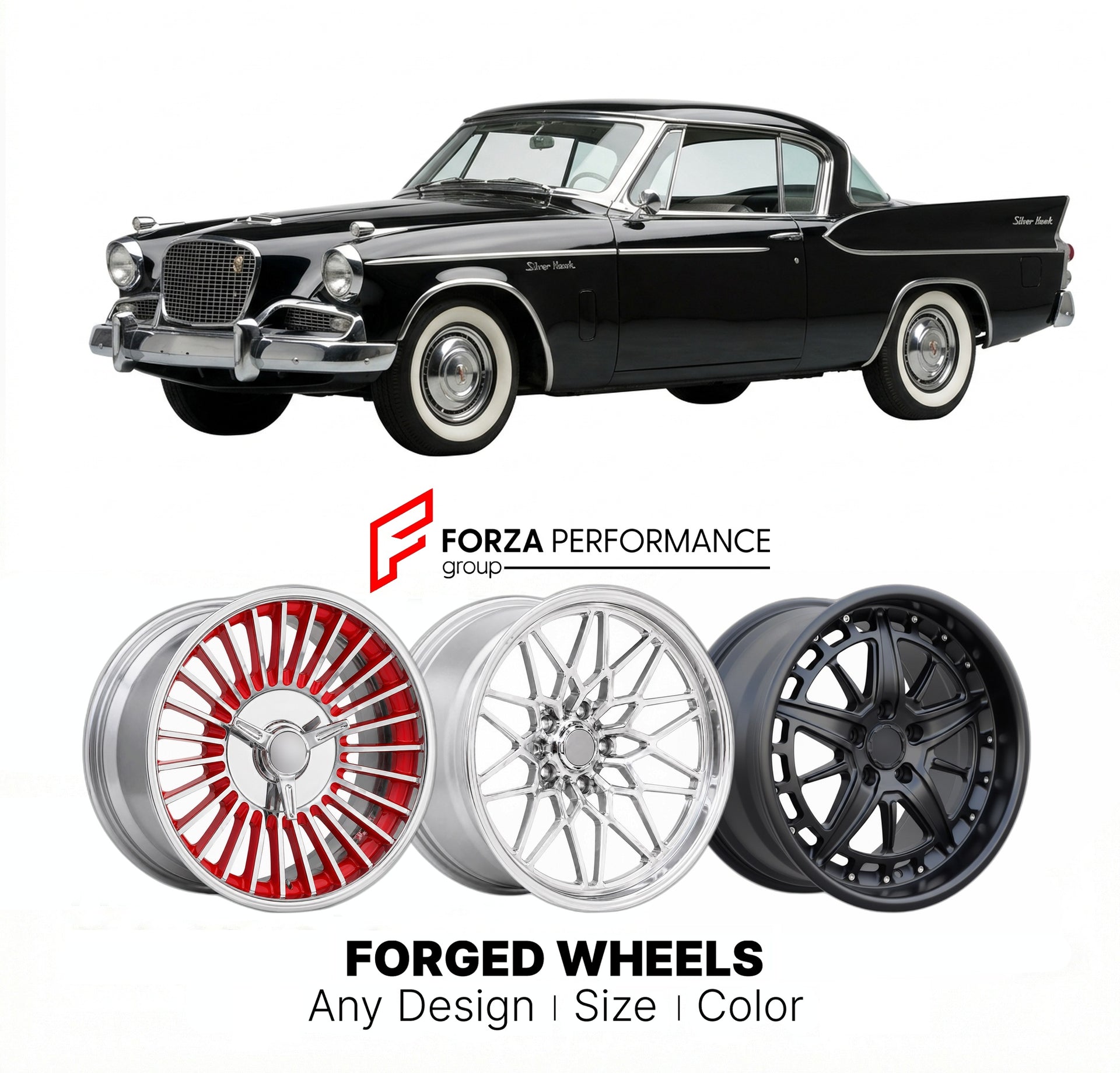 CUSTOM CLASSIC VINTAGE RESTOMOD RETRO OLD SCHOOL FORGED WHEELS RIMS for STUDEBAKER SILVER HAWK 1959 - 1960
Custom forged wheels for classic American muscle cars. Ideal for restomod builds, vintage restorations, and show cars. Deep dish and retro styling available.

We manufacture premium quality forged wheels rims for Studebaker Silver Hawk 1959 - 1960 in any design, size, color.

THIS WHEEL DESIGN CAN BE CUSTOM-MADE FOR YOUR CAR IN ANY SIZE AND COLOR OPTIONS
Available in monoblock, 2-piece, 3-piece, duoblo