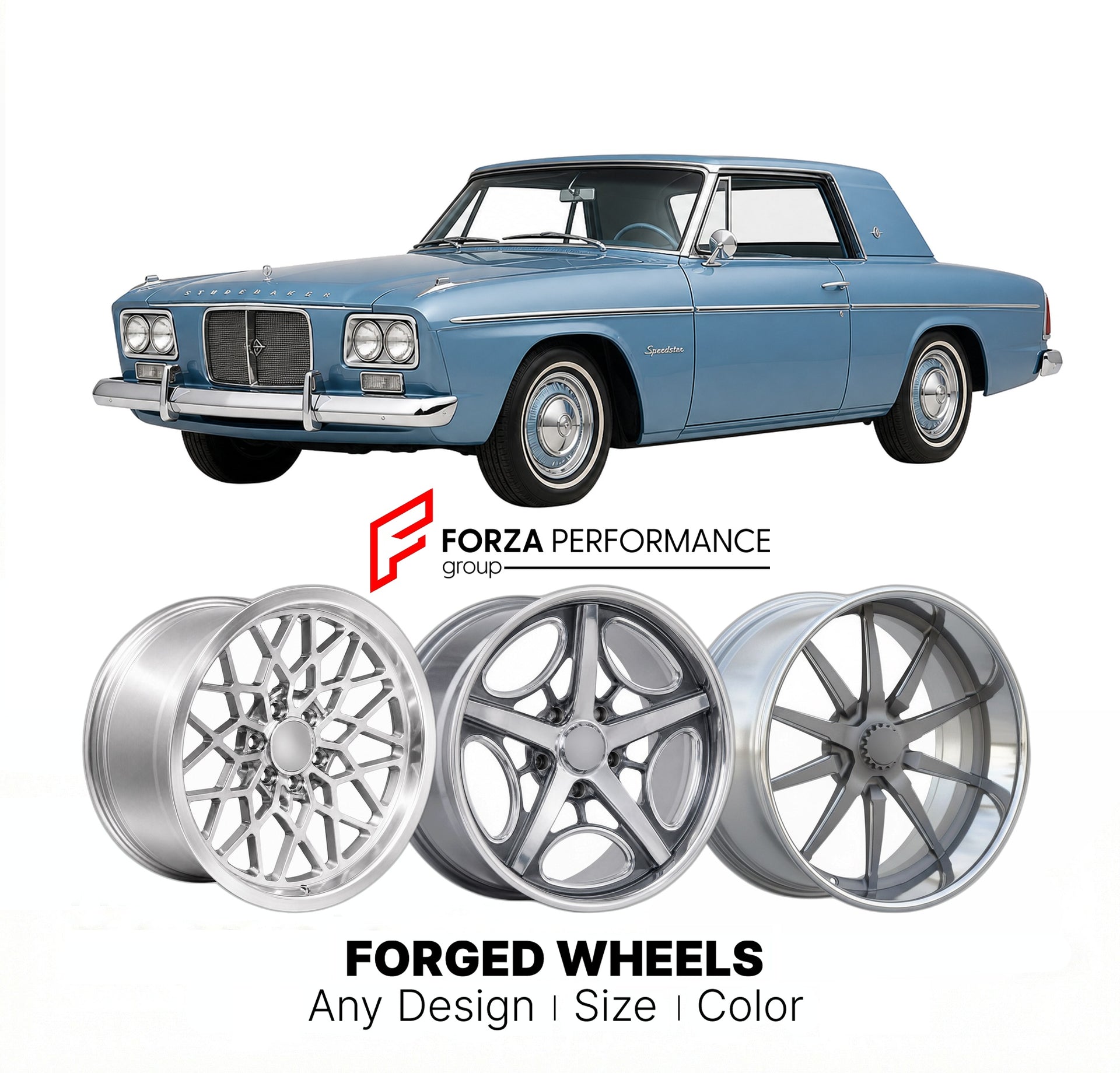 CUSTOM CLASSIC VINTAGE RESTOMOD RETRO OLD SCHOOL FORGED WHEELS RIMS for STUDEBAKER SPEEDSTER 1962 - 1962
Custom forged wheels for classic American muscle cars. Ideal for restomod builds, vintage restorations, and show cars. Deep dish and retro styling available.

We manufacture premium quality forged wheels rims for Studebaker Speedster 1962 - 1962 in any design, size, color.

THIS WHEEL DESIGN CAN BE CUSTOM-MADE FOR YOUR CAR IN ANY SIZE AND COLOR OPTIONS
Available in monoblock, 2-piece, 3-piece, duoblock, 