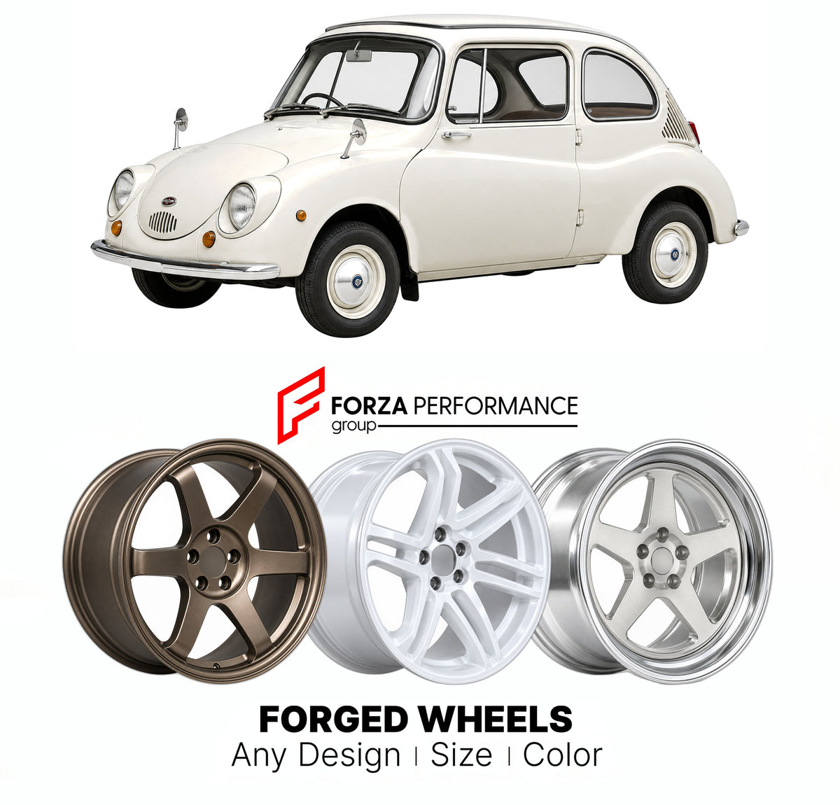 CUSTOM CLASSIC VINTAGE RESTOMOD RETRO OLD SCHOOL FORGED WHEELS RIMS for SUBARU 360 K111 1958 - 1971

Custom forged wheels for Subaru 360 K111 1958 - 1971. Classic, vintage, restomod and retro JDM wheel designs made to order in custom sizes, offsets, colors and finishes with guaranteed fitment.

We manufacture premium quality forged wheels rims for Subaru 360 K111 1958 - 1971 in any design, size, color.

JDM WHEEL DESIGNS: our Japanese collection for hatchbacks, kei cars and MPVs includes designs inspired by