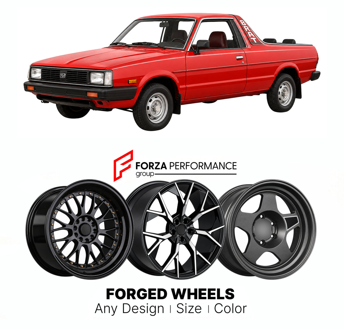 CUSTOM CLASSIC VINTAGE RESTOMOD RETRO OLD SCHOOL FORGED WHEELS RIMS for SUBARU BRAT MV 284 1978 - 1994

Custom forged wheels for Subaru BRAT MV 284 1978 - 1994. Classic, vintage, restomod and retro JDM wheel designs made to order in custom sizes, offsets, colors and finishes with guaranteed fitment.

We manufacture premium quality forged wheels rims for Subaru BRAT MV 284 1978 - 1994 in any design, size, color.

JDM WHEEL DESIGNS: our Japanese collection for SUVs and pickups includes designs inspired by Bra