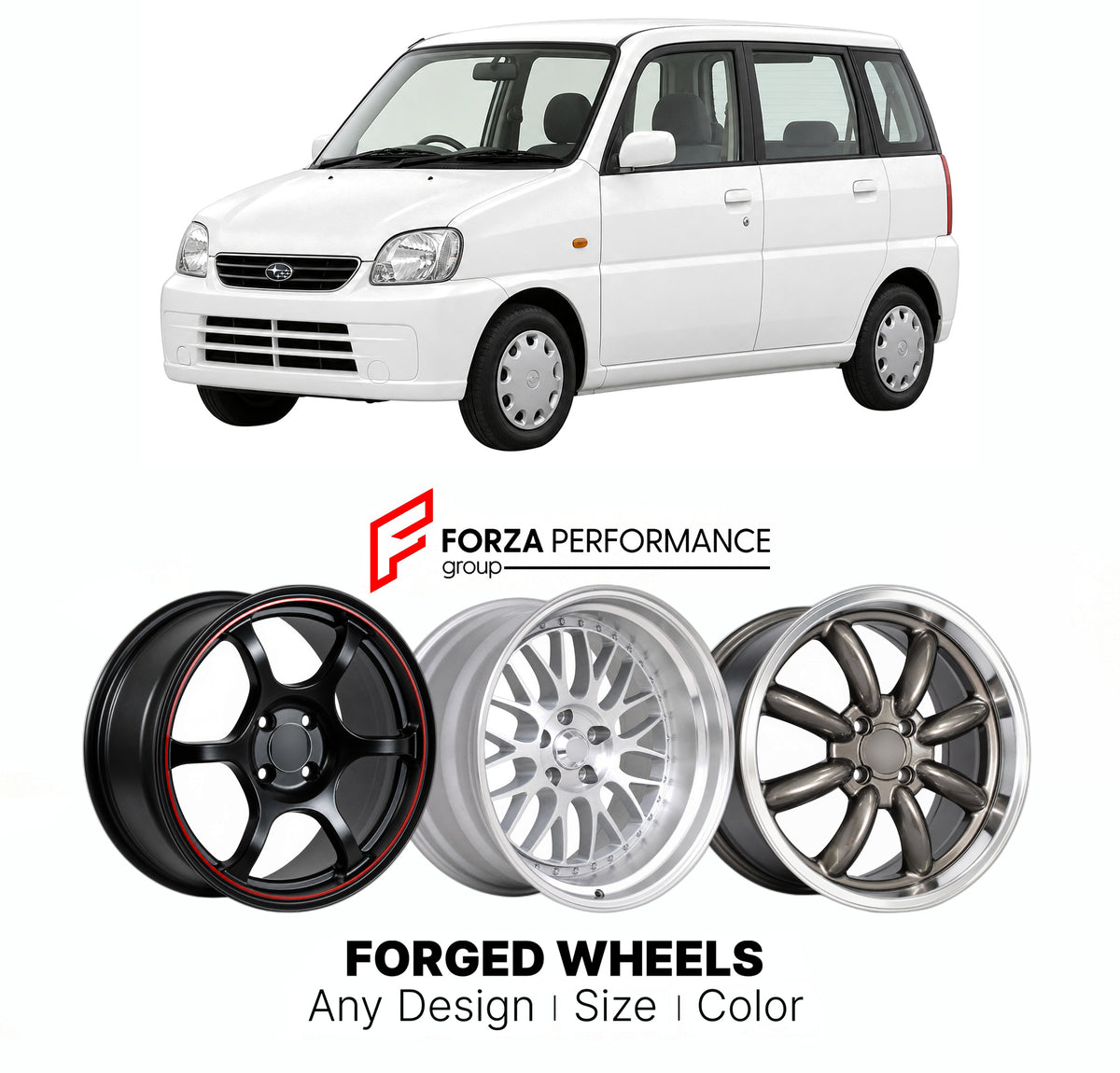 CUSTOM CLASSIC VINTAGE RESTOMOD RETRO OLD SCHOOL FORGED WHEELS RIMS for SUBARU PLEO RA RV 1998 - 2010

Custom forged wheels for Subaru Pleo RA RV 1998 - 2010. Classic, vintage, restomod and retro JDM wheel designs made to order in custom sizes, offsets, colors and finishes with guaranteed fitment.

We manufacture premium quality forged wheels rims for Subaru Pleo RA RV 1998 - 2010 in any design, size, color.

JDM WHEEL DESIGNS: our Japanese collection for hatchbacks, kei cars and MPVs includes designs inspi