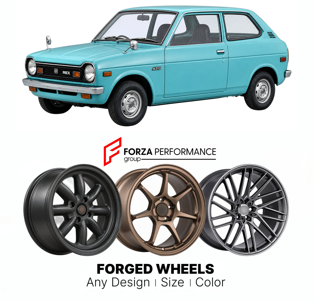 CUSTOM CLASSIC VINTAGE RESTOMOD RETRO OLD SCHOOL FORGED WHEELS RIMS for SUBARU REX K21 K22 1972 - 1981

Custom forged wheels for Subaru Rex K21 K22 1972 - 1981. Classic, vintage, restomod and retro JDM wheel designs made to order in custom sizes, offsets, colors and finishes with guaranteed fitment.

We manufacture premium quality forged wheels rims for Subaru Rex K21 K22 1972 - 1981 in any design, size, color.

JDM WHEEL DESIGNS: our Japanese collection for hatchbacks, kei cars and MPVs includes designs in